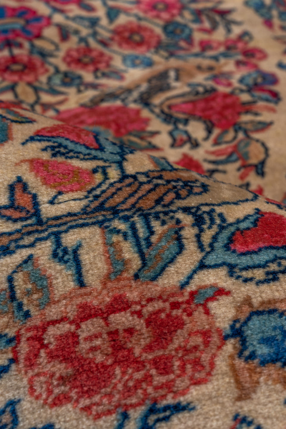 3' x 4' one-of-a-kind handmade vintage Kashan small size rug. Color palette: ivory, rose, navy, coral, sky_blue, taupe