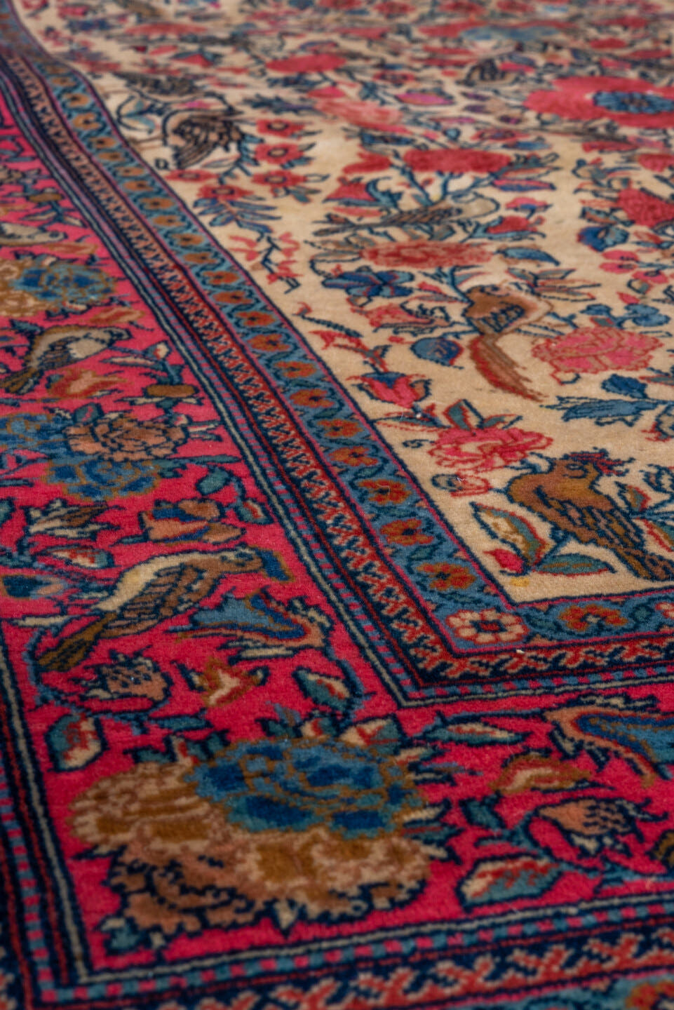 3' x 4' one-of-a-kind handmade vintage Kashan small size rug. Color palette: ivory, rose, navy, coral, sky_blue, taupe
