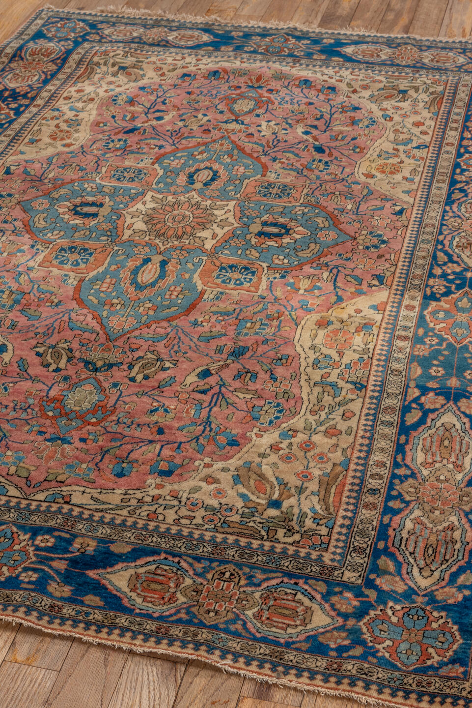 3' x 4' one-of-a-kind handmade vintage Mohtasham Kashan small size rug. Color palette: rose, navy, ivory, sky_blue, taupe
