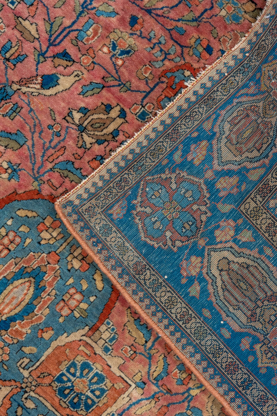 3' x 4' one-of-a-kind handmade vintage Mohtasham Kashan small size rug. Color palette: rose, navy, ivory, sky_blue, taupe