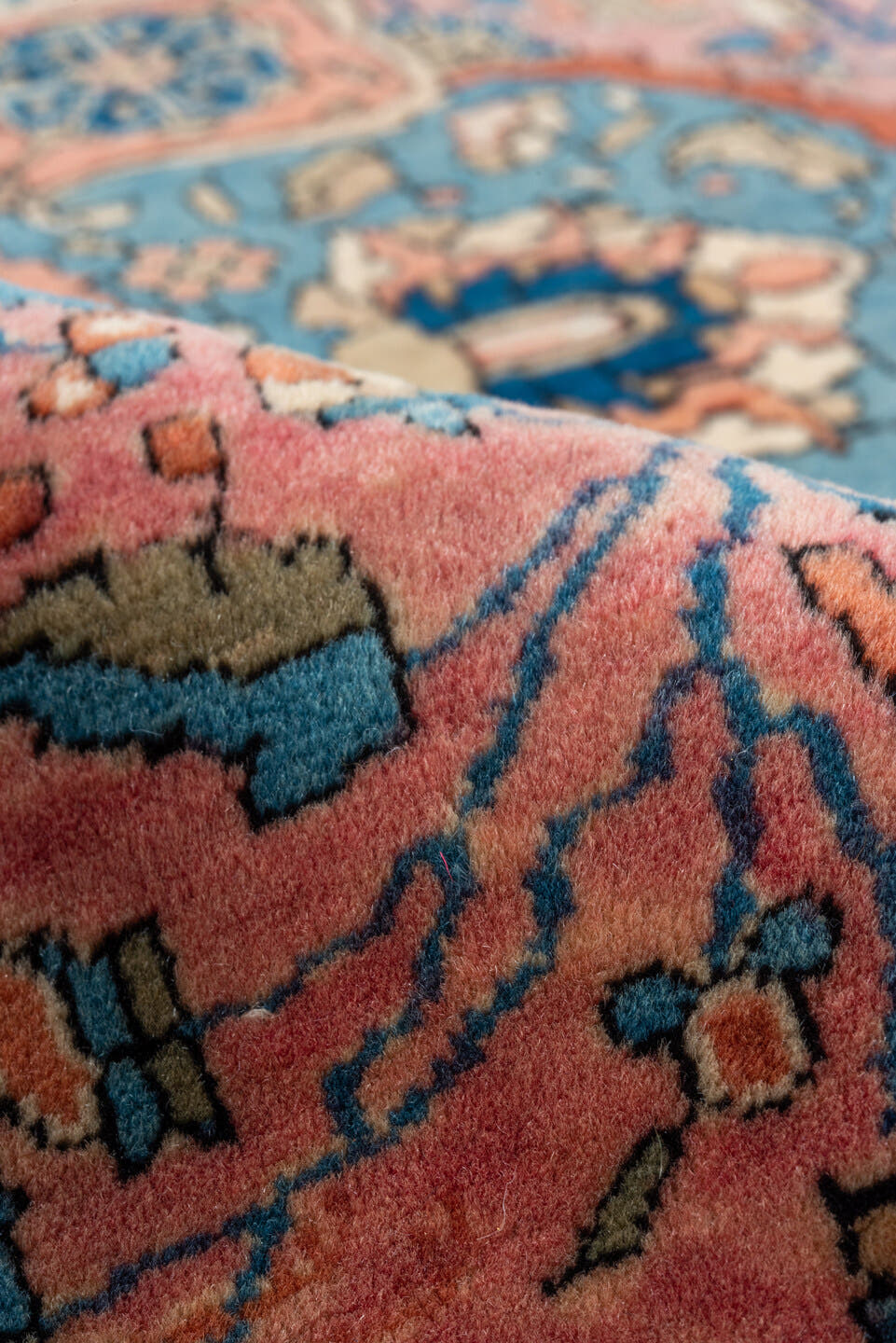 3' x 4' one-of-a-kind handmade vintage Mohtasham Kashan small size rug. Color palette: rose, navy, ivory, sky_blue, taupe