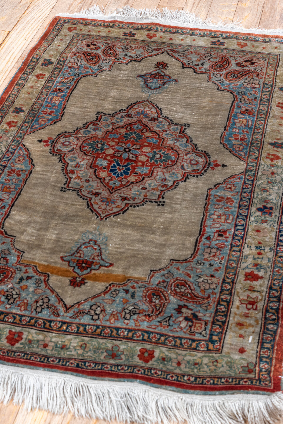 2' x 2' one-of-a-kind handmade vintage Tabriz small size rug. Color palette: black, blue, brown, charcoal, gray, pink, red