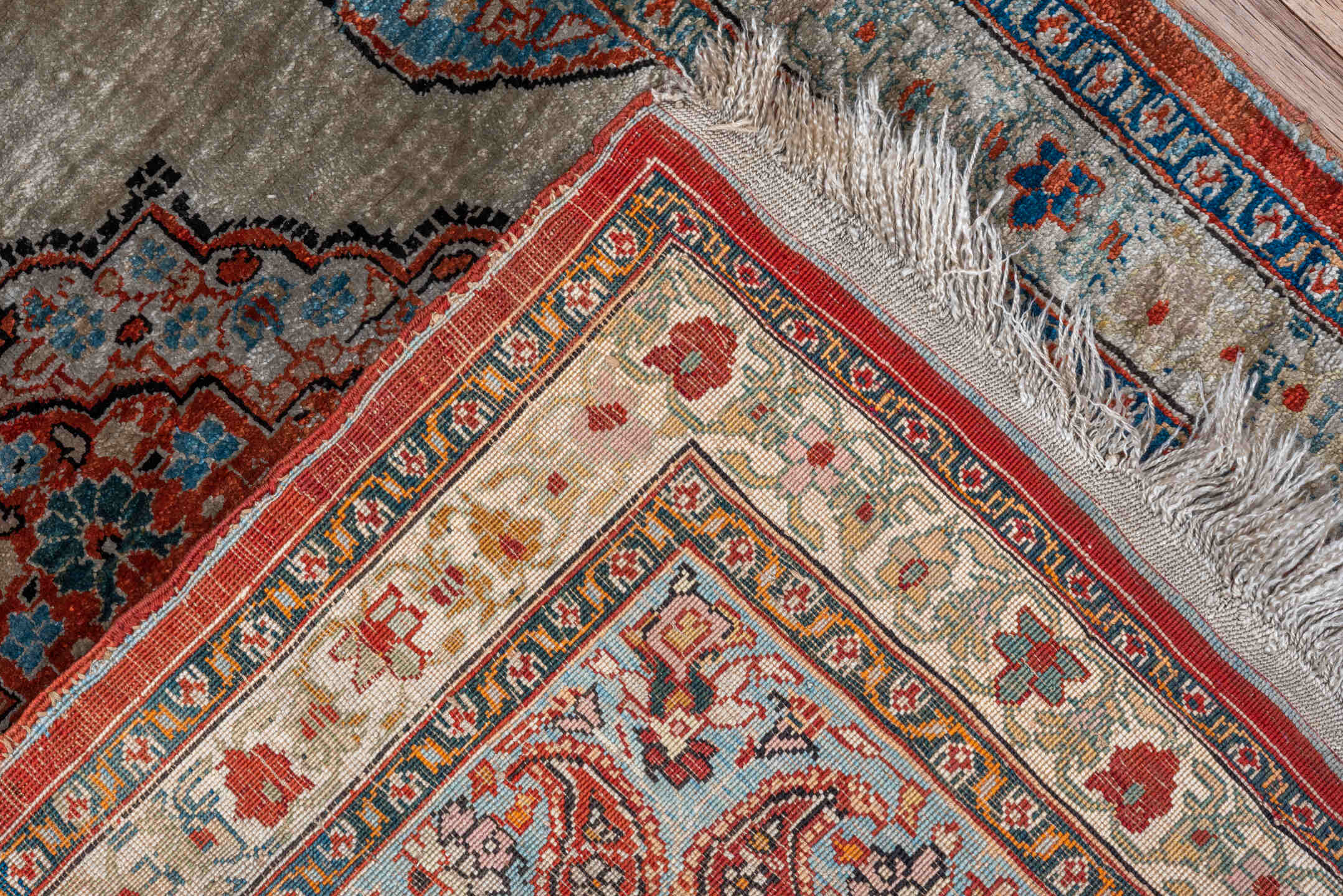 2' x 2' one-of-a-kind handmade vintage Tabriz small size rug. Color palette: black, blue, brown, charcoal, gray, pink, red