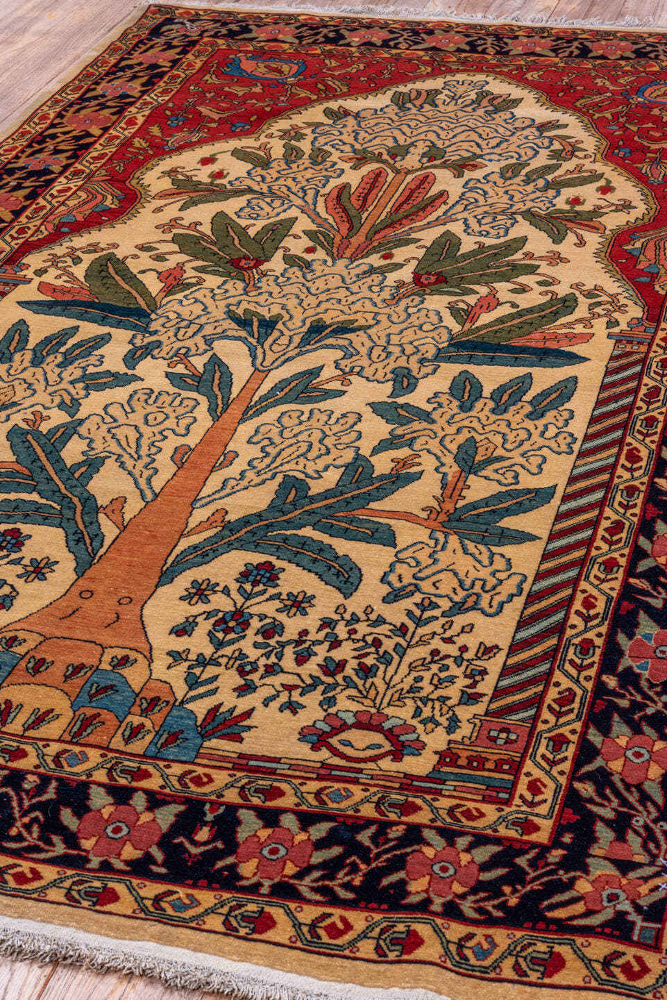4' x 6' one-of-a-kind handmade vintage Farahan rug. Color palette: ivory, navy, red, camel, sky_blue, sage, rose, coral