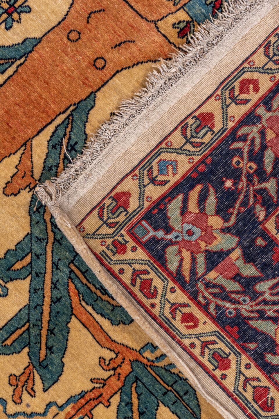 4' x 6' one-of-a-kind handmade vintage Farahan rug. Color palette: ivory, navy, red, camel, sky_blue, sage, rose, coral