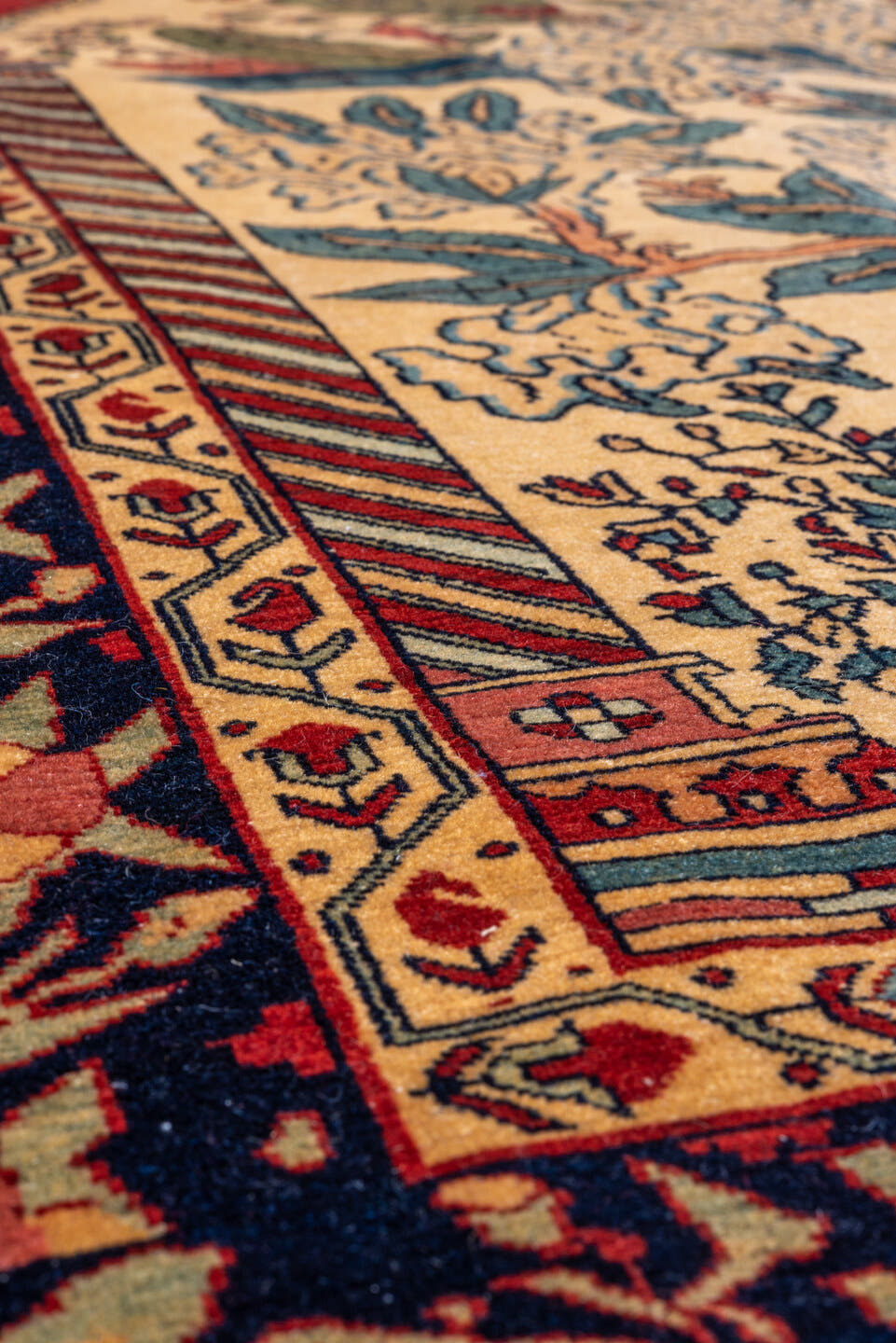 4' x 6' one-of-a-kind handmade vintage Farahan rug. Color palette: ivory, navy, red, camel, sky_blue, sage, rose, coral