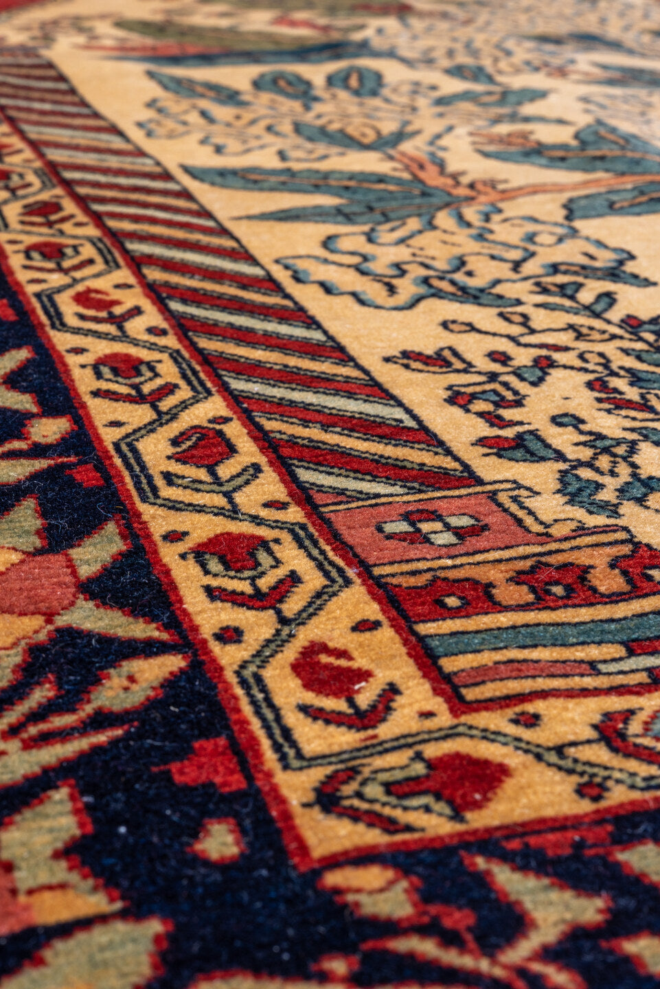 4' x 6' one-of-a-kind handmade vintage Farahan rug. Color palette: ivory, navy, red, camel, sky_blue, sage, rose, coral