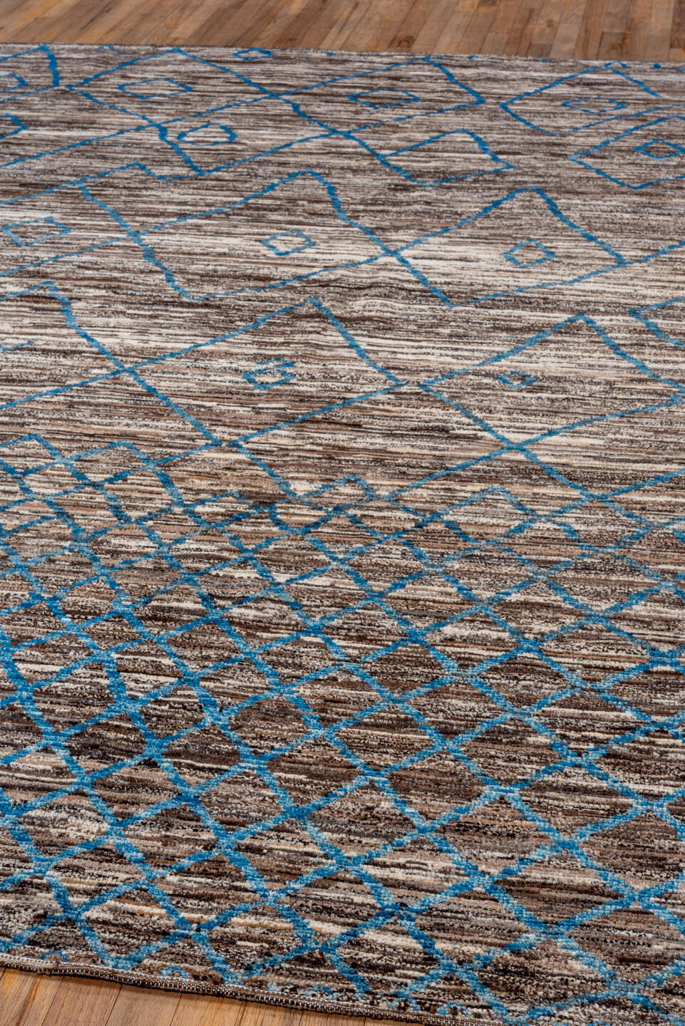 8' x 10' one-of-a-kind handmade vintage Tulu large size rug. Color palette: brown, ivory, blue, charcoal, taupe, gray, black