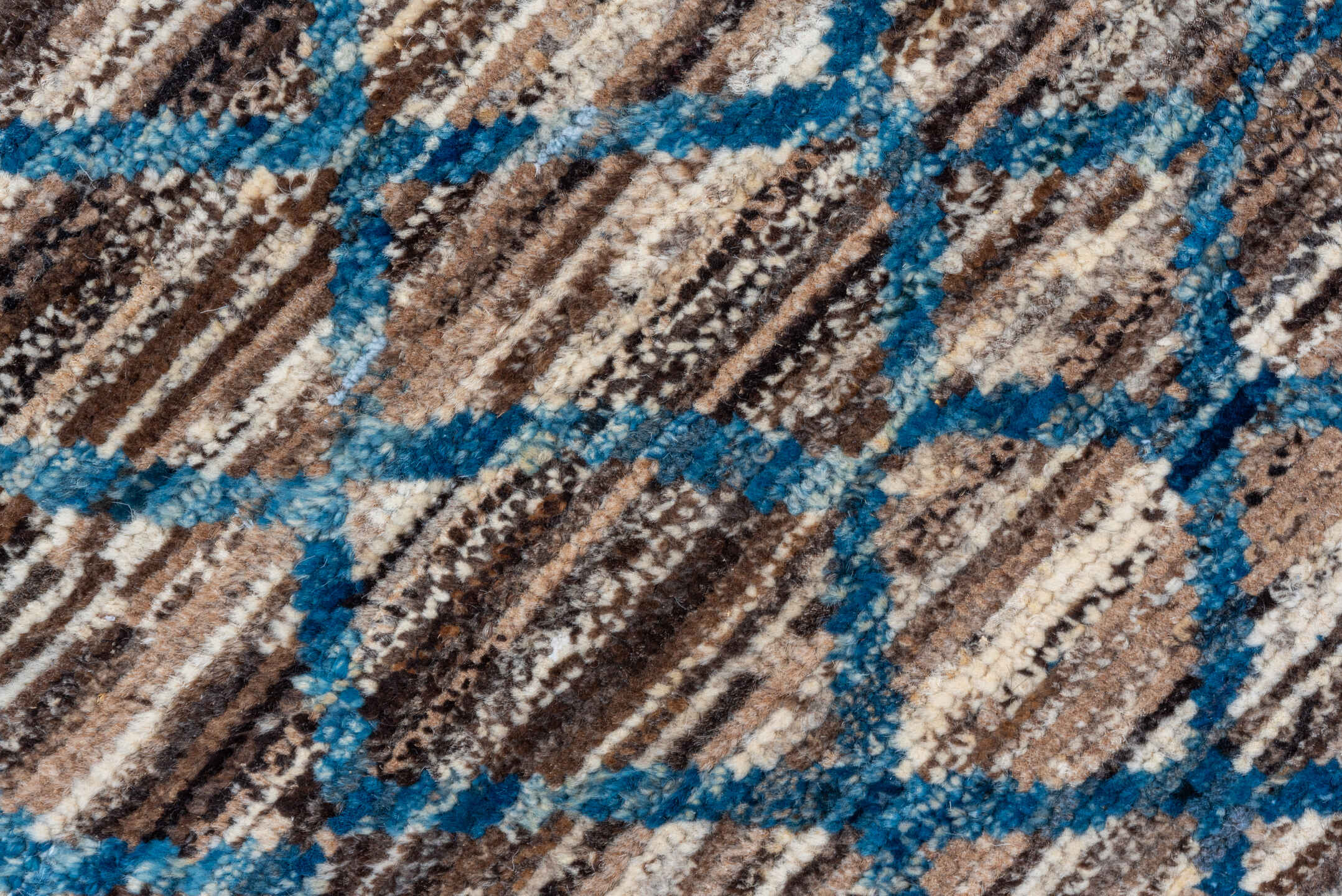 8' x 10' one-of-a-kind handmade vintage Tulu large size rug. Color palette: brown, ivory, blue, charcoal, taupe, gray, black