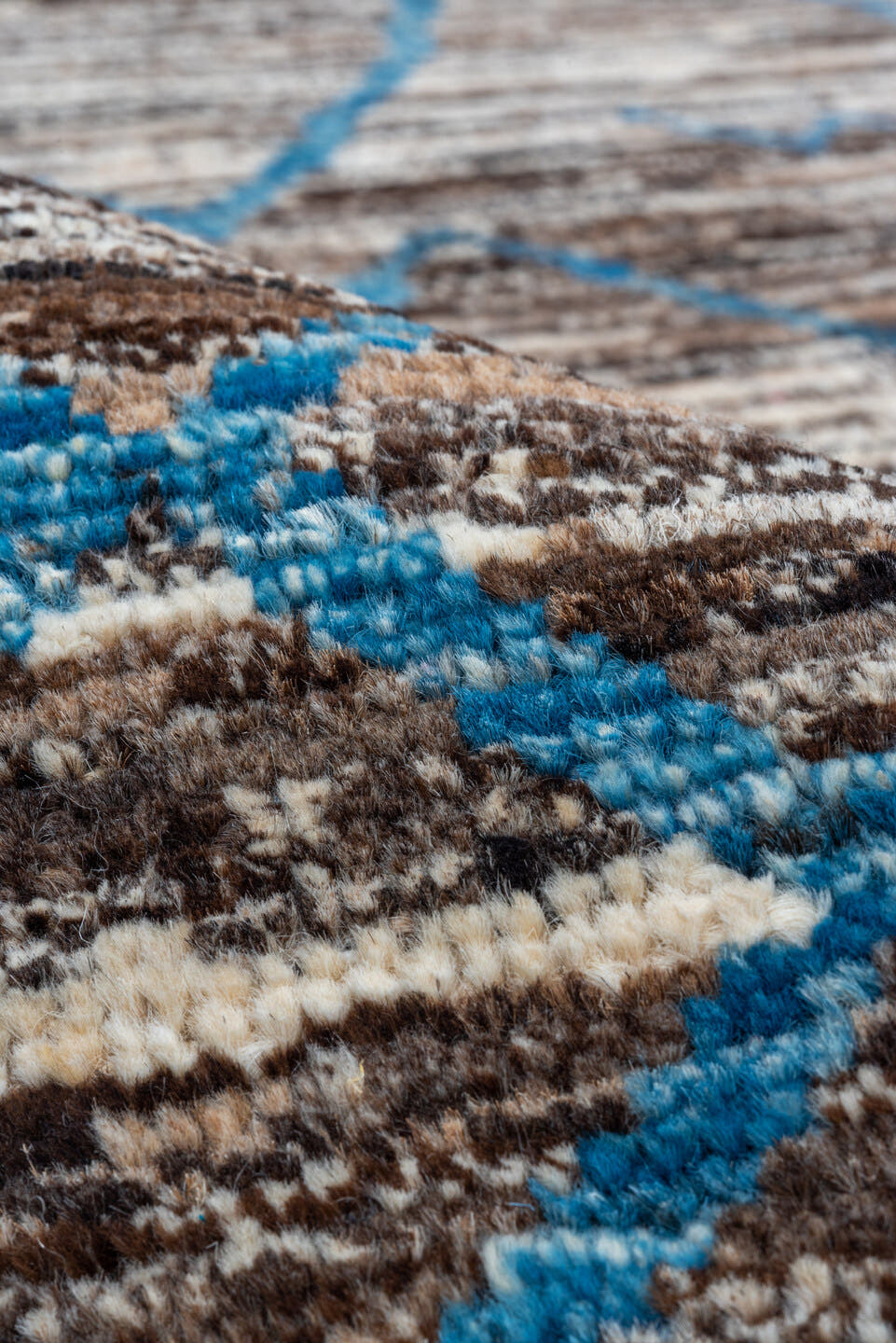 8' x 10' one-of-a-kind handmade vintage Tulu large size rug. Color palette: brown, ivory, blue, charcoal, taupe, gray, black