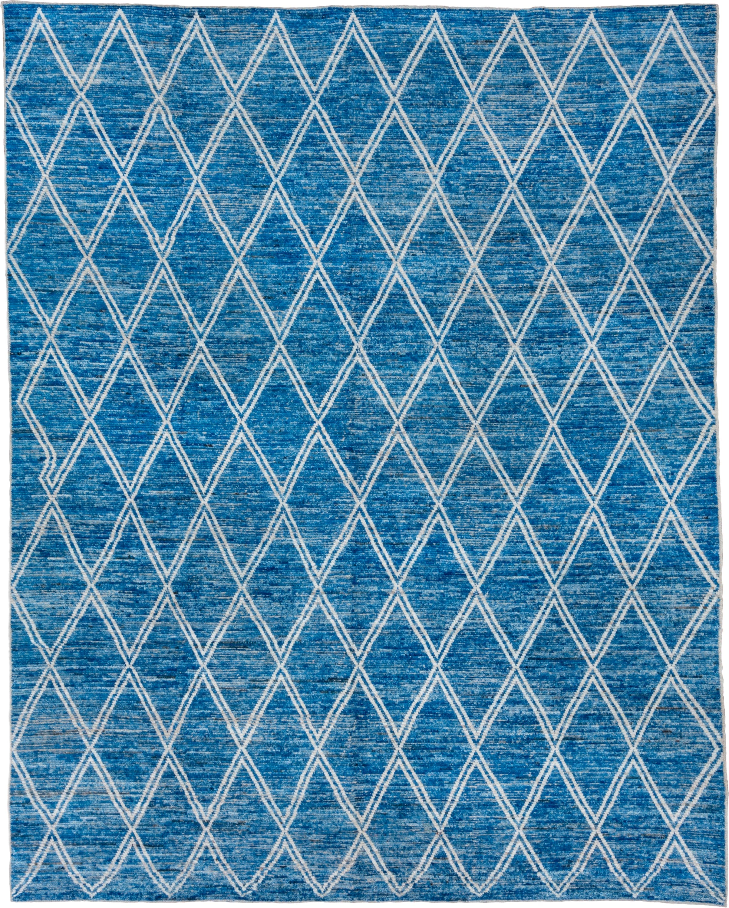 9' x 12' one-of-a-kind handmade vintage Tulu large size rug. Color palette: blue, ivory, sky blue, light blue
