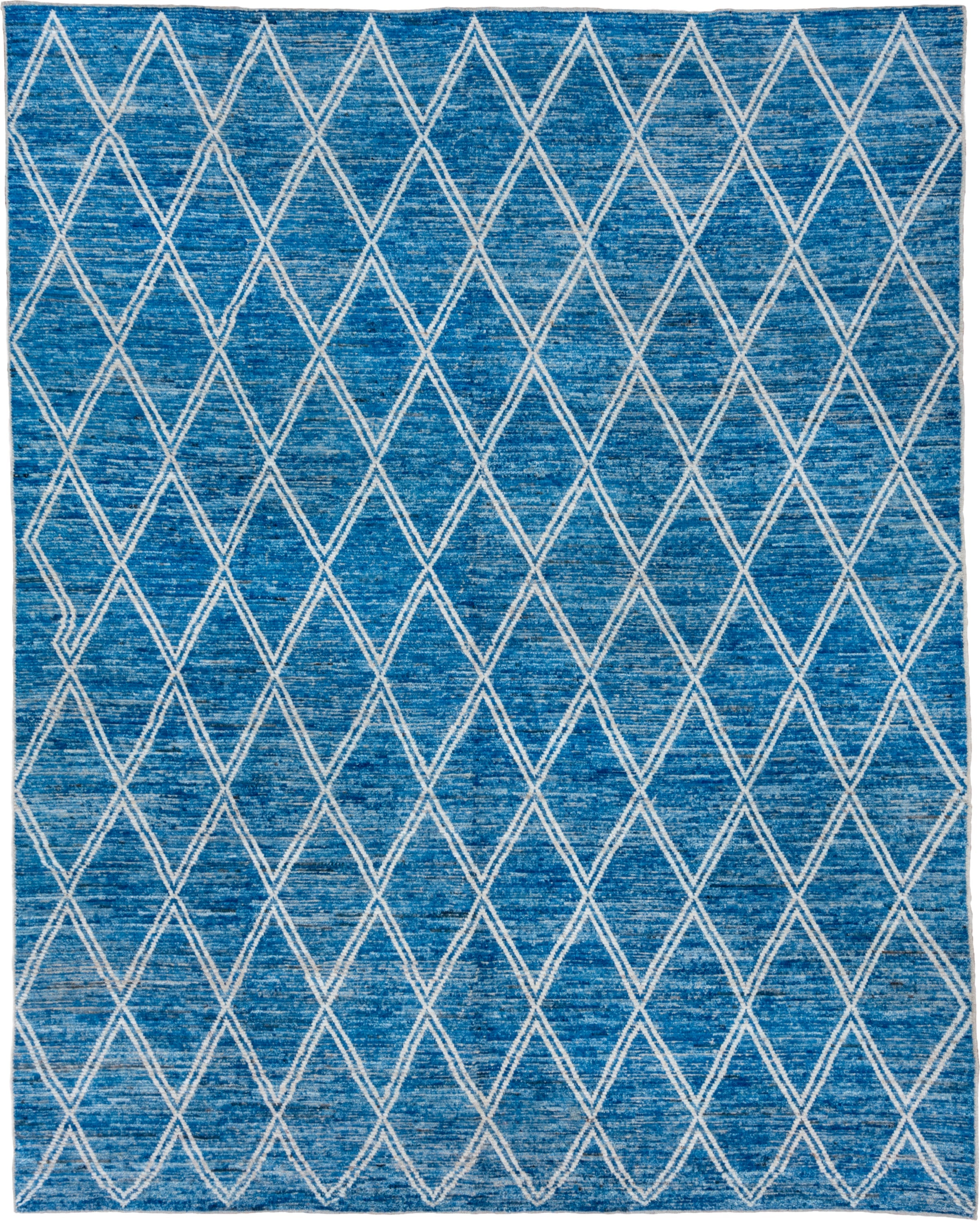 9' x 12' one-of-a-kind handmade vintage Tulu large size rug. Color palette: blue, ivory, sky blue, light blue