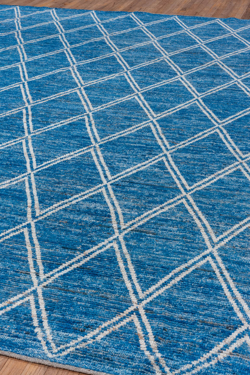 9' x 12' one-of-a-kind handmade vintage Tulu large size rug. Color palette: blue, ivory, sky blue, light blue
