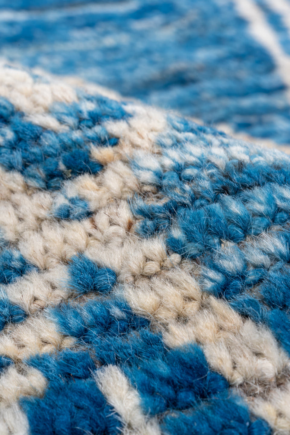 9' x 12' one-of-a-kind handmade vintage Tulu large size rug. Color palette: blue, ivory, sky blue, light blue