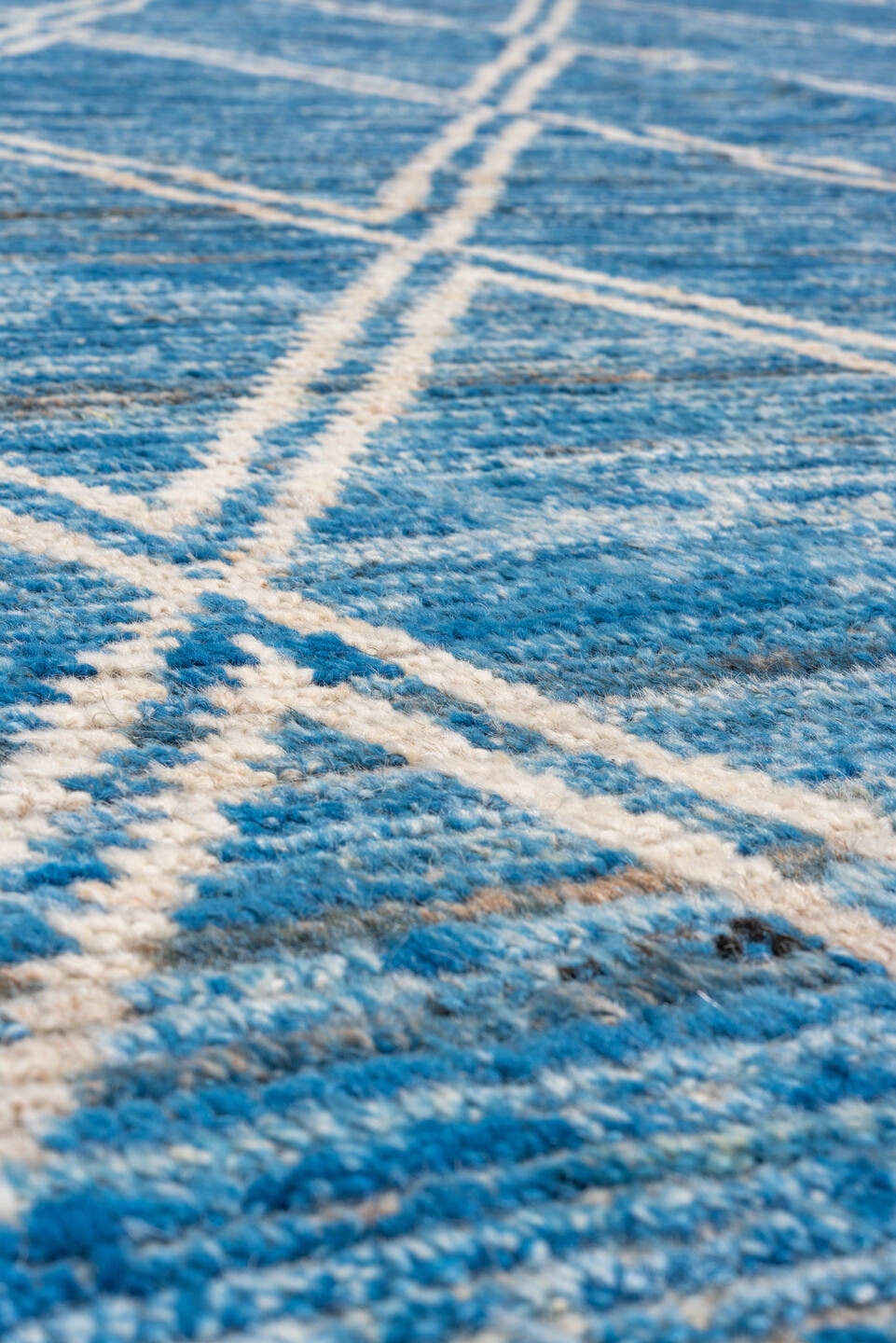 9' x 12' one-of-a-kind handmade vintage Tulu large size rug. Color palette: blue, ivory, sky blue, light blue