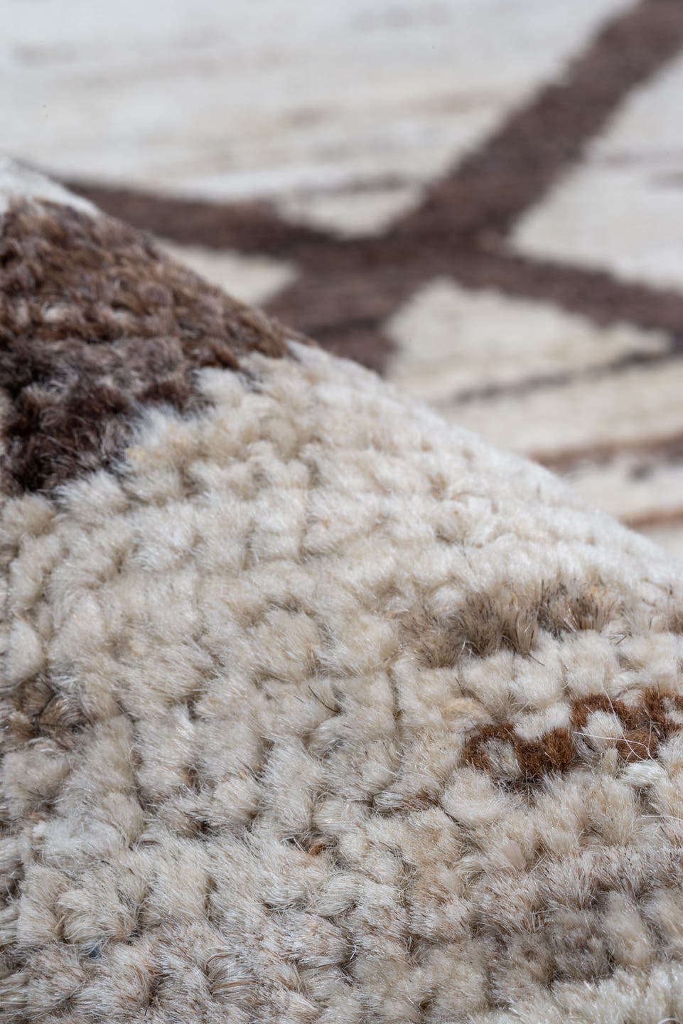 8' x 9' one-of-a-kind handmade vintage Tulu rug. Color palette: ivory, brown, taupe, charcoal, beige, gray, black