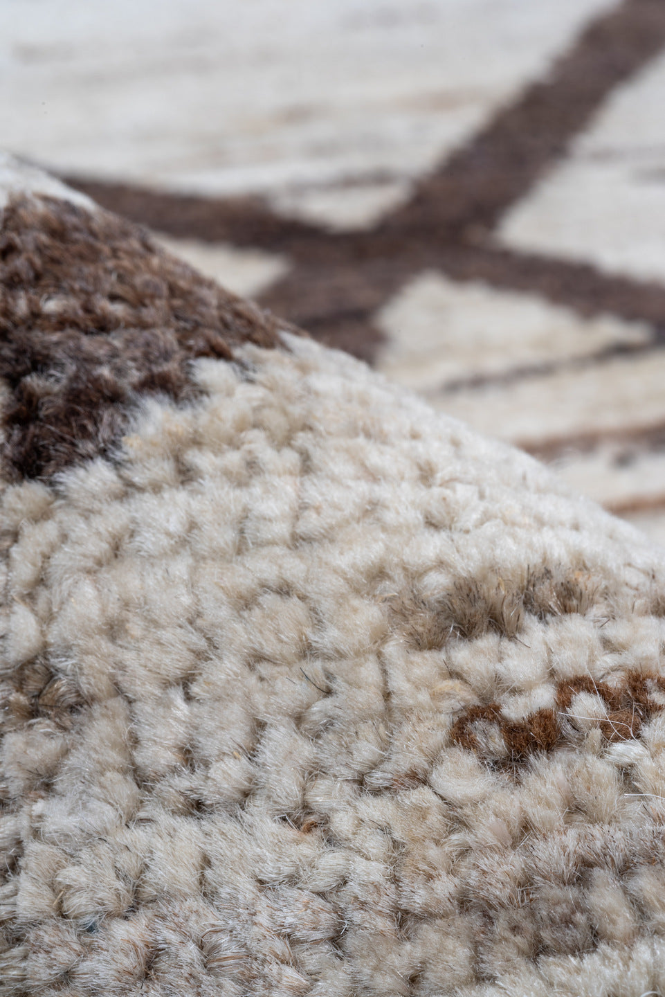 8' x 9' one-of-a-kind handmade vintage Tulu rug. Color palette: ivory, brown, taupe, charcoal, beige, gray, black