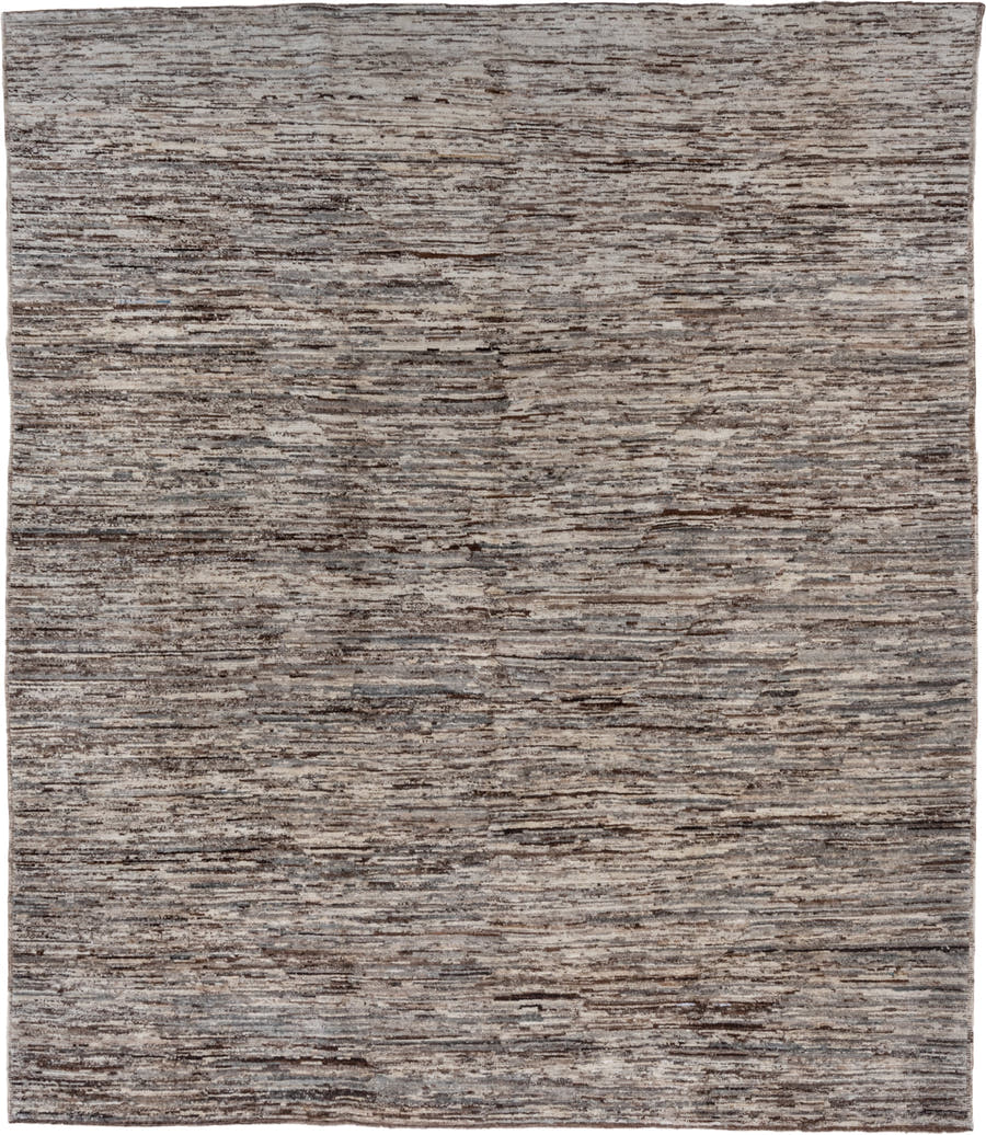 8' x 9' one-of-a-kind handmade vintage Tulu rug. Color palette: taupe, brown, ivory, gray, charcoal, beige, black