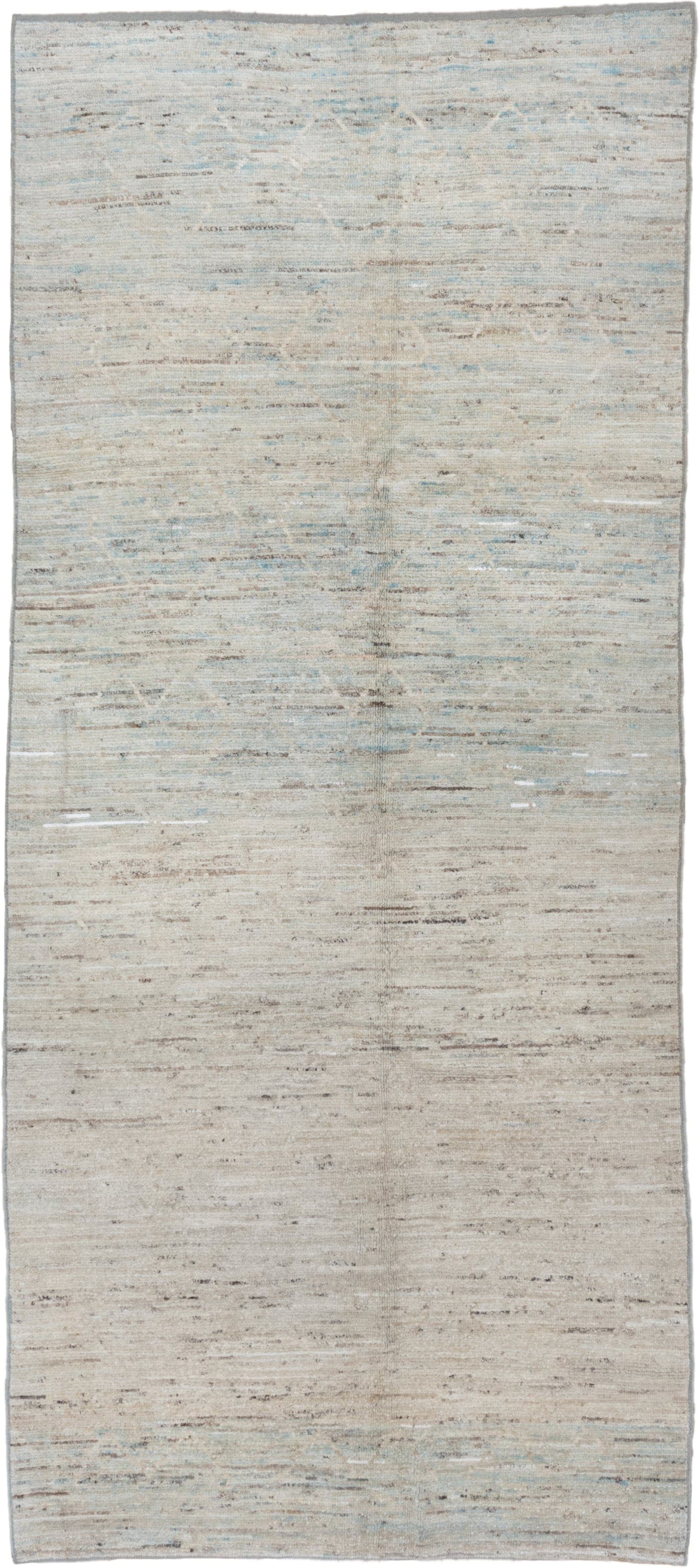 5' x 11' one-of-a-kind handmade vintage Tulu runner rug. Color palette: ivory, pale blue, taupe, gray, cream, light blue