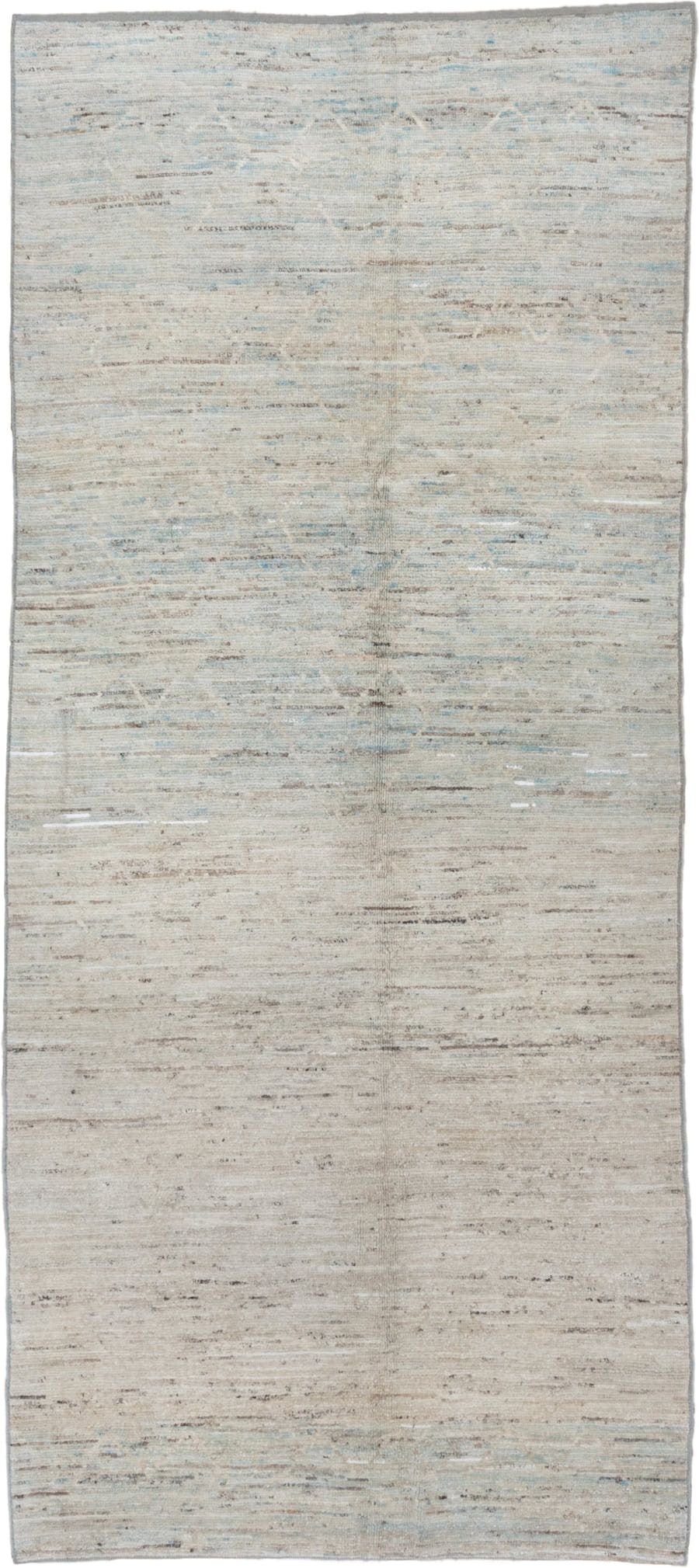 5' x 11' one-of-a-kind handmade vintage Tulu runner rug. Color palette: ivory, pale blue, taupe, gray, cream, light blue
