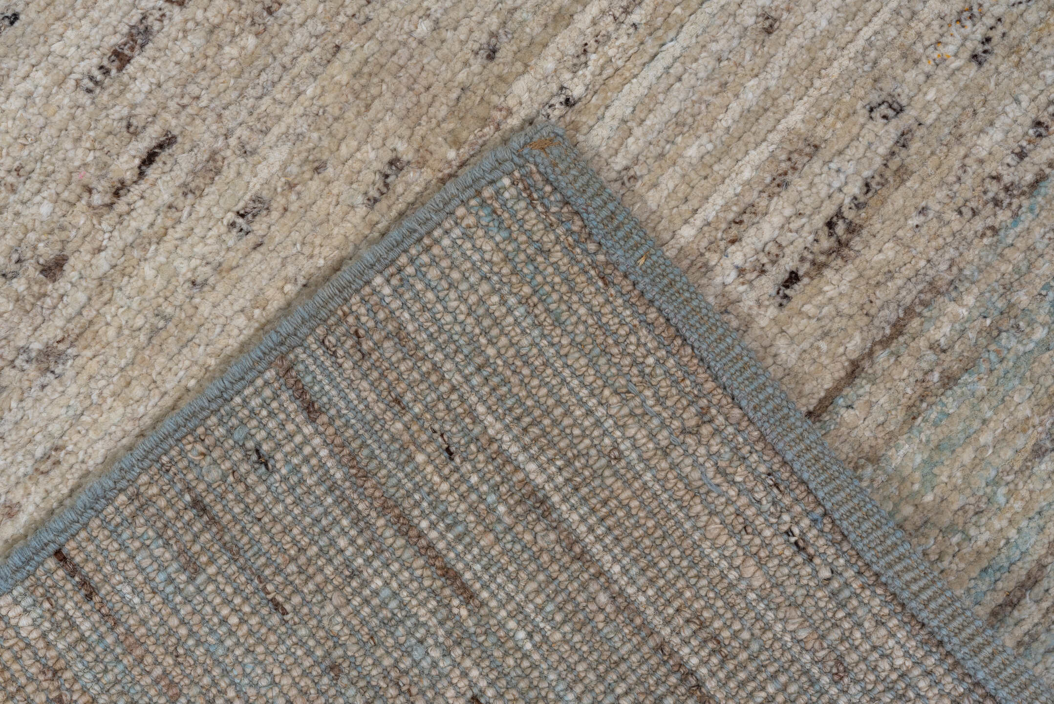 5' x 11' one-of-a-kind handmade vintage Tulu runner rug. Color palette: ivory, pale blue, taupe, gray, cream, light blue