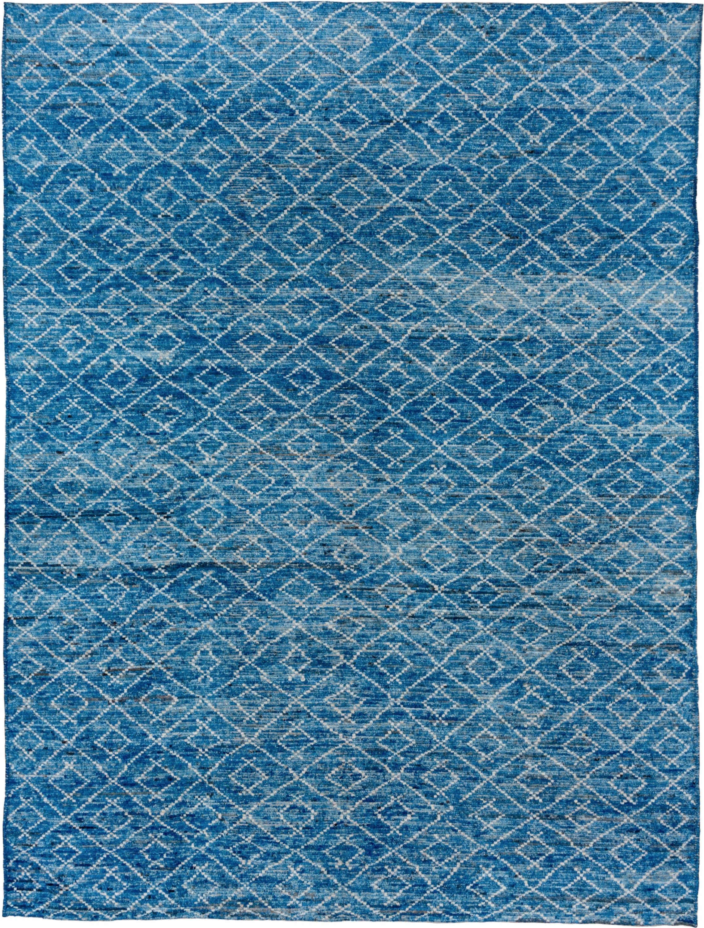 10' x 13' one-of-a-kind handmade vintage Tulu oversize rug. Color palette: azure, sky blue, ivory, cobalt, slate, light blue