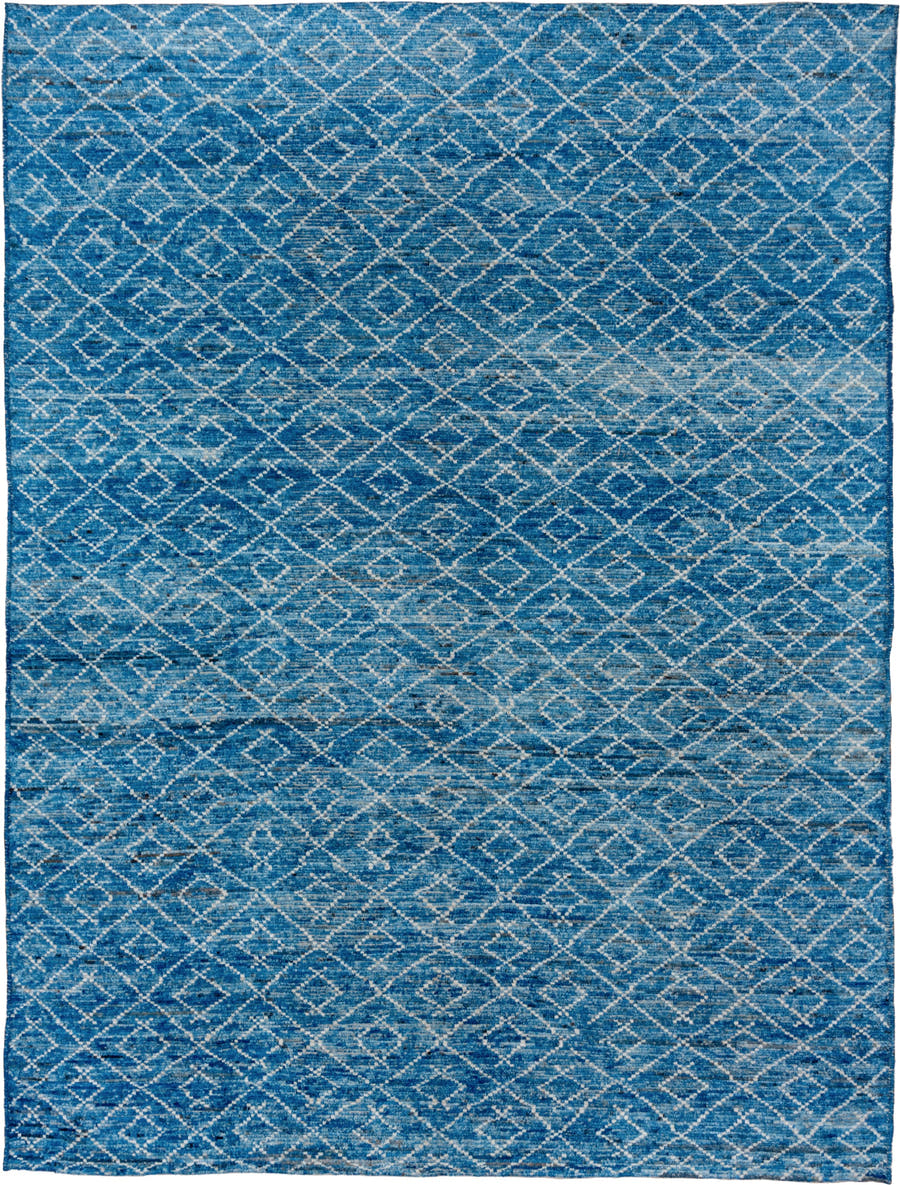 10' x 13' one-of-a-kind handmade vintage Tulu oversize rug. Color palette: azure, sky blue, ivory, cobalt, slate, light blue
