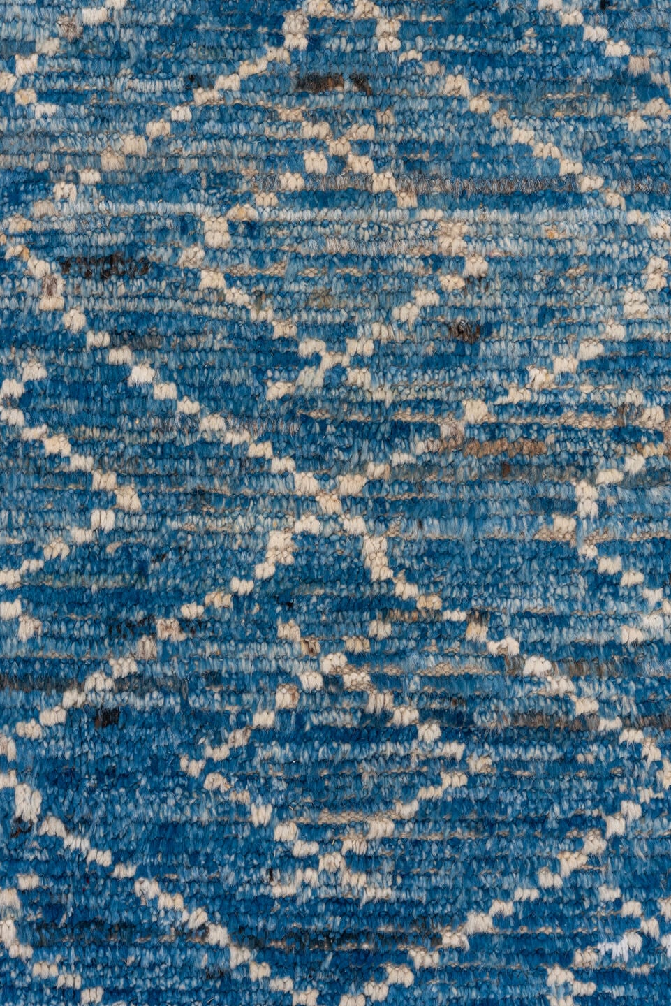 10' x 13' one-of-a-kind handmade vintage Tulu oversize rug. Color palette: azure, sky blue, ivory, cobalt, slate, light blue