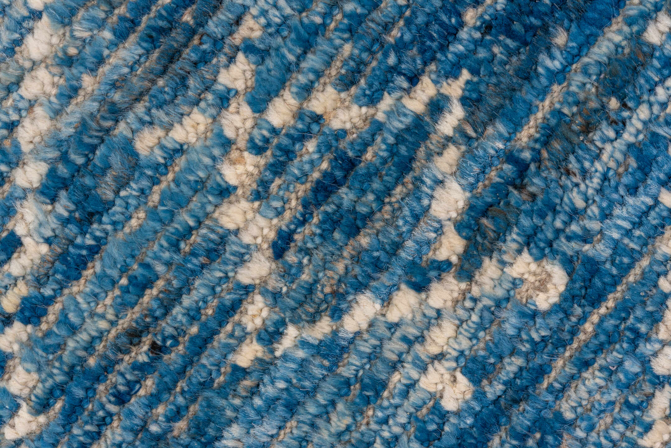 10' x 13' one-of-a-kind handmade vintage Tulu oversize rug. Color palette: azure, sky blue, ivory, cobalt, slate, light blue
