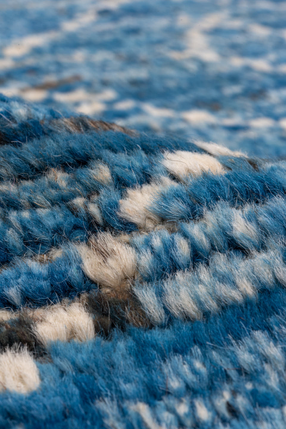 10' x 13' one-of-a-kind handmade vintage Tulu oversize rug. Color palette: azure, sky blue, ivory, cobalt, slate, light blue