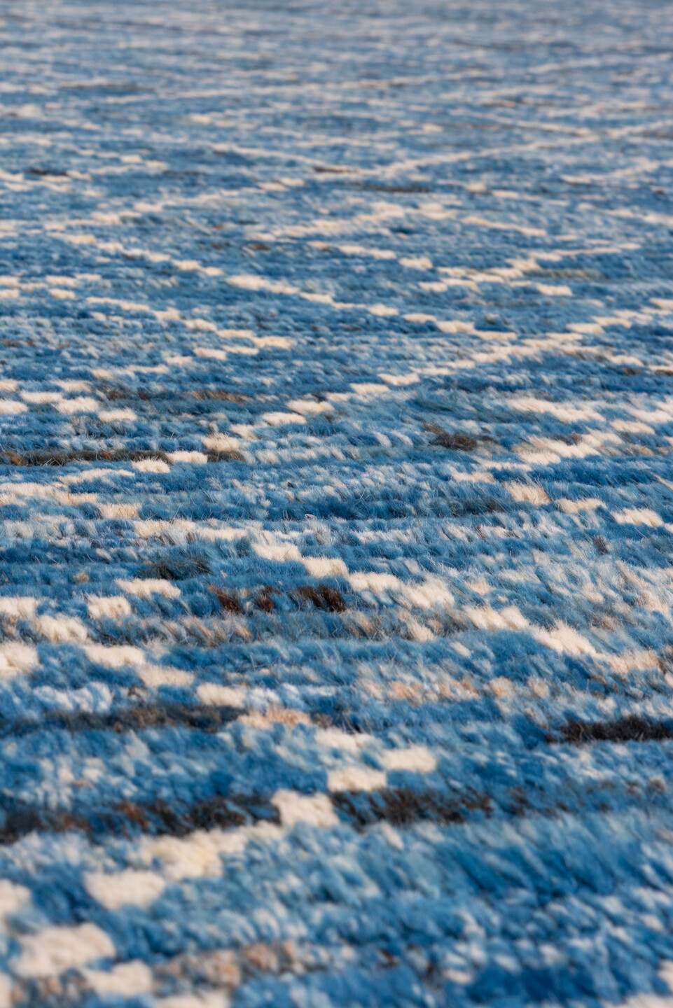 10' x 13' one-of-a-kind handmade vintage Tulu oversize rug. Color palette: azure, sky blue, ivory, cobalt, slate, light blue