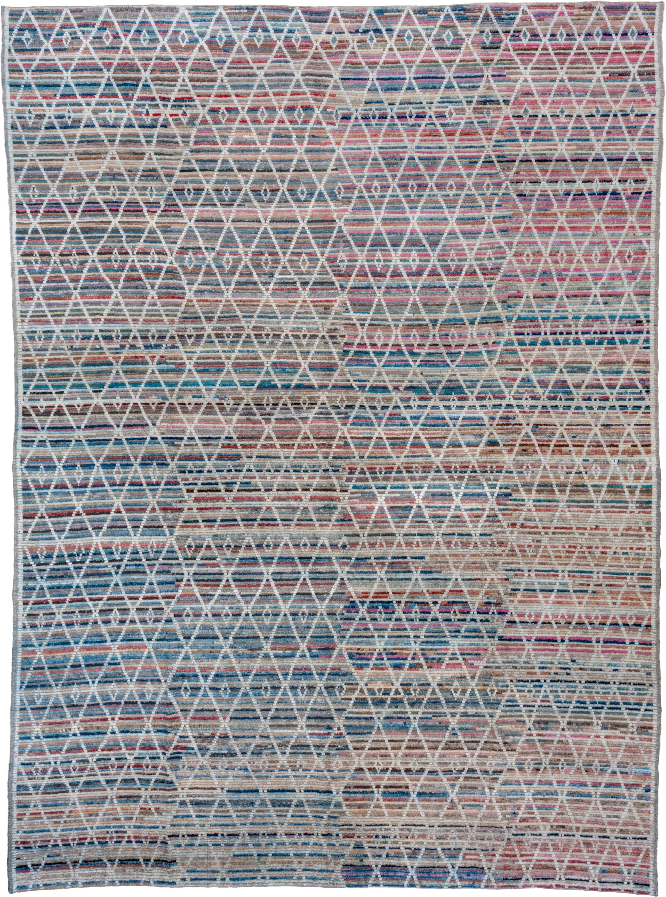 10' x 13' one-of-a-kind handmade vintage Tulu large size rug. Color palette: ivory, taupe, blue, rose, sky_blue, camel