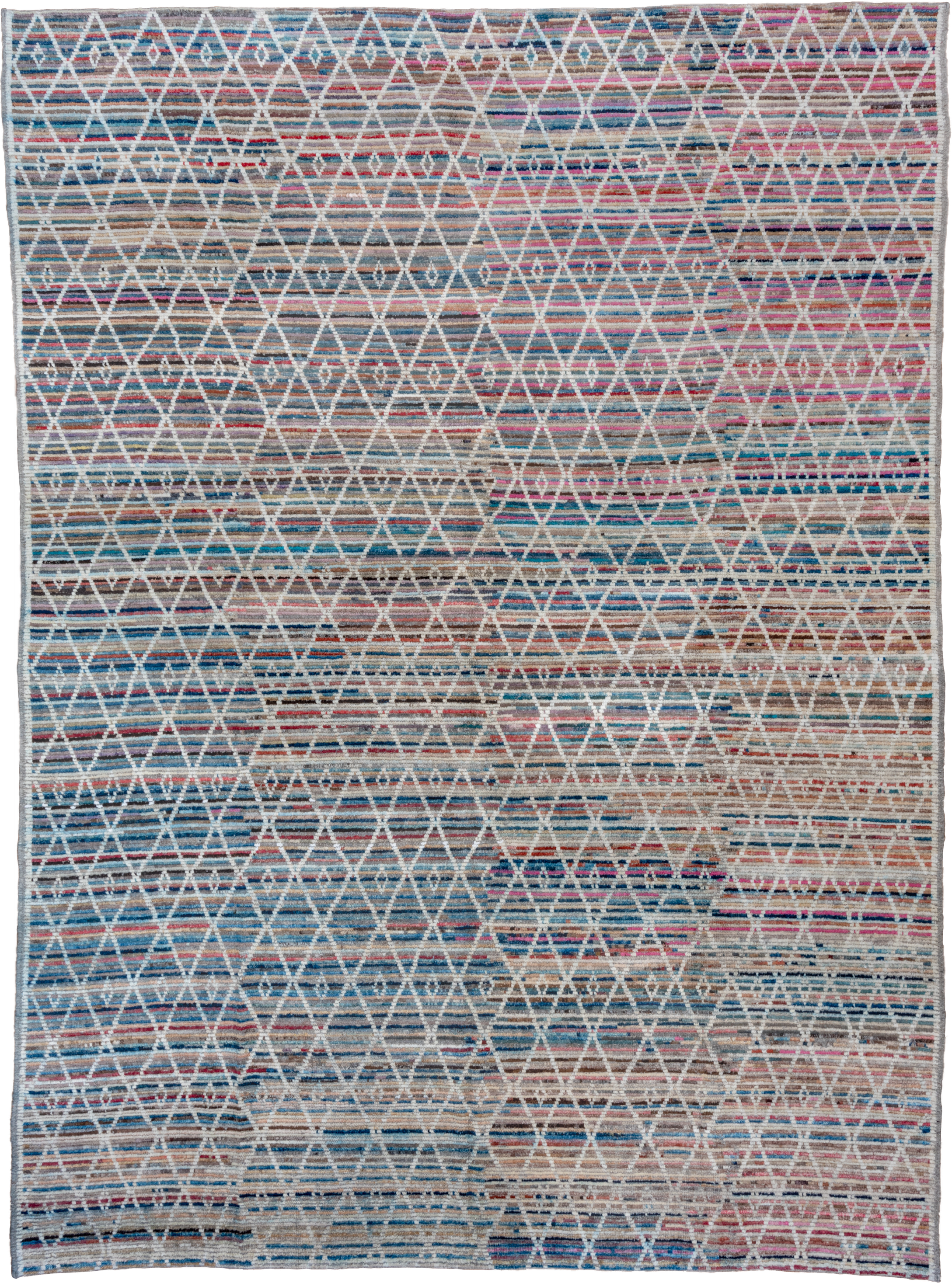 10' x 13' one-of-a-kind handmade vintage Tulu large size rug. Color palette: ivory, taupe, blue, rose, sky_blue, camel