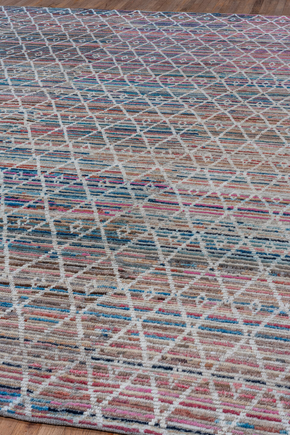 10' x 13' one-of-a-kind handmade vintage Tulu large size rug. Color palette: ivory, taupe, blue, rose, sky_blue, camel