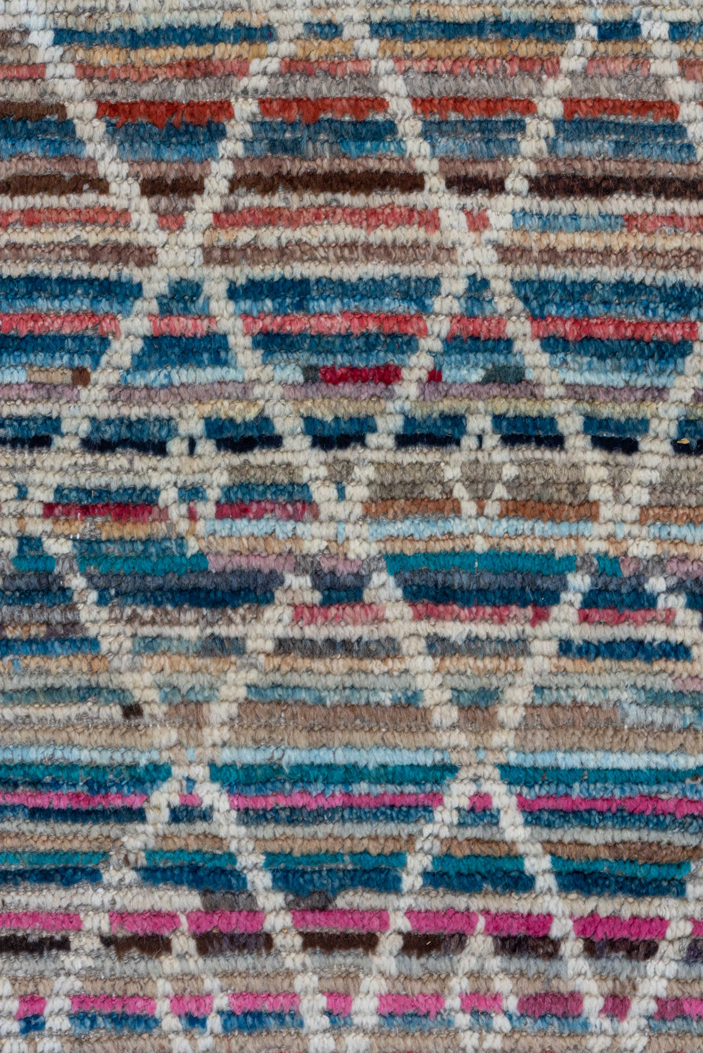 10' x 13' one-of-a-kind handmade vintage Tulu large size rug. Color palette: ivory, taupe, blue, rose, sky_blue, camel