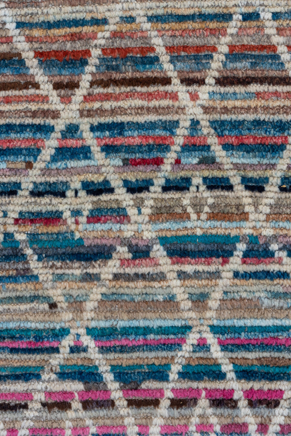 10' x 13' one-of-a-kind handmade vintage Tulu large size rug. Color palette: ivory, taupe, blue, rose, sky_blue, camel
