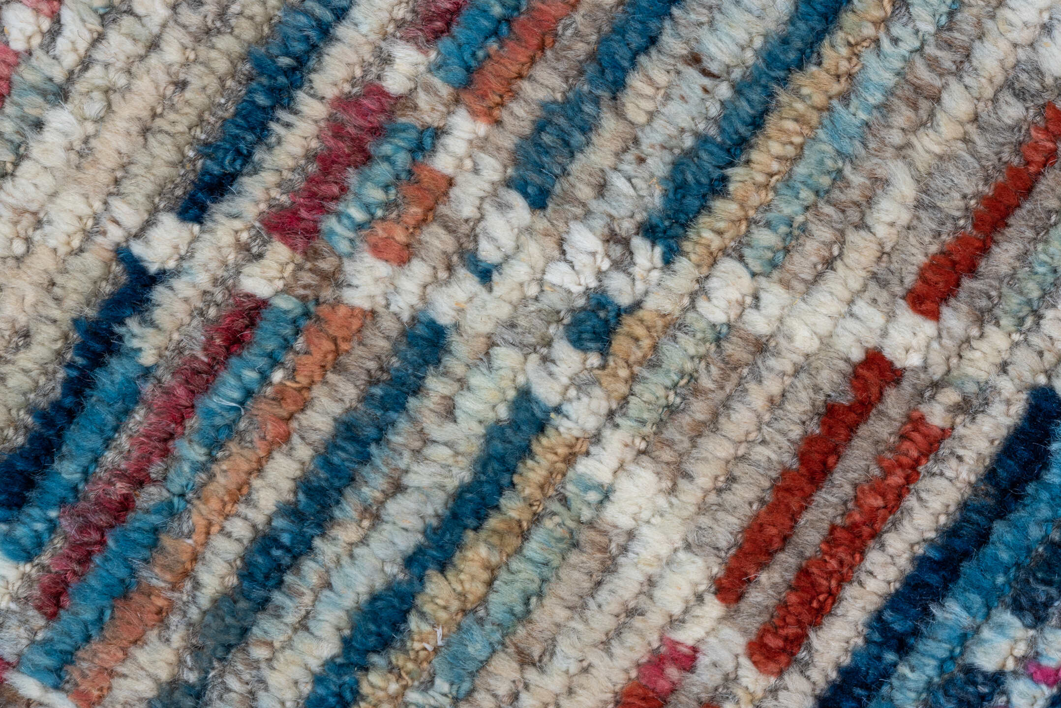 10' x 13' one-of-a-kind handmade vintage Tulu large size rug. Color palette: ivory, taupe, blue, rose, sky_blue, camel