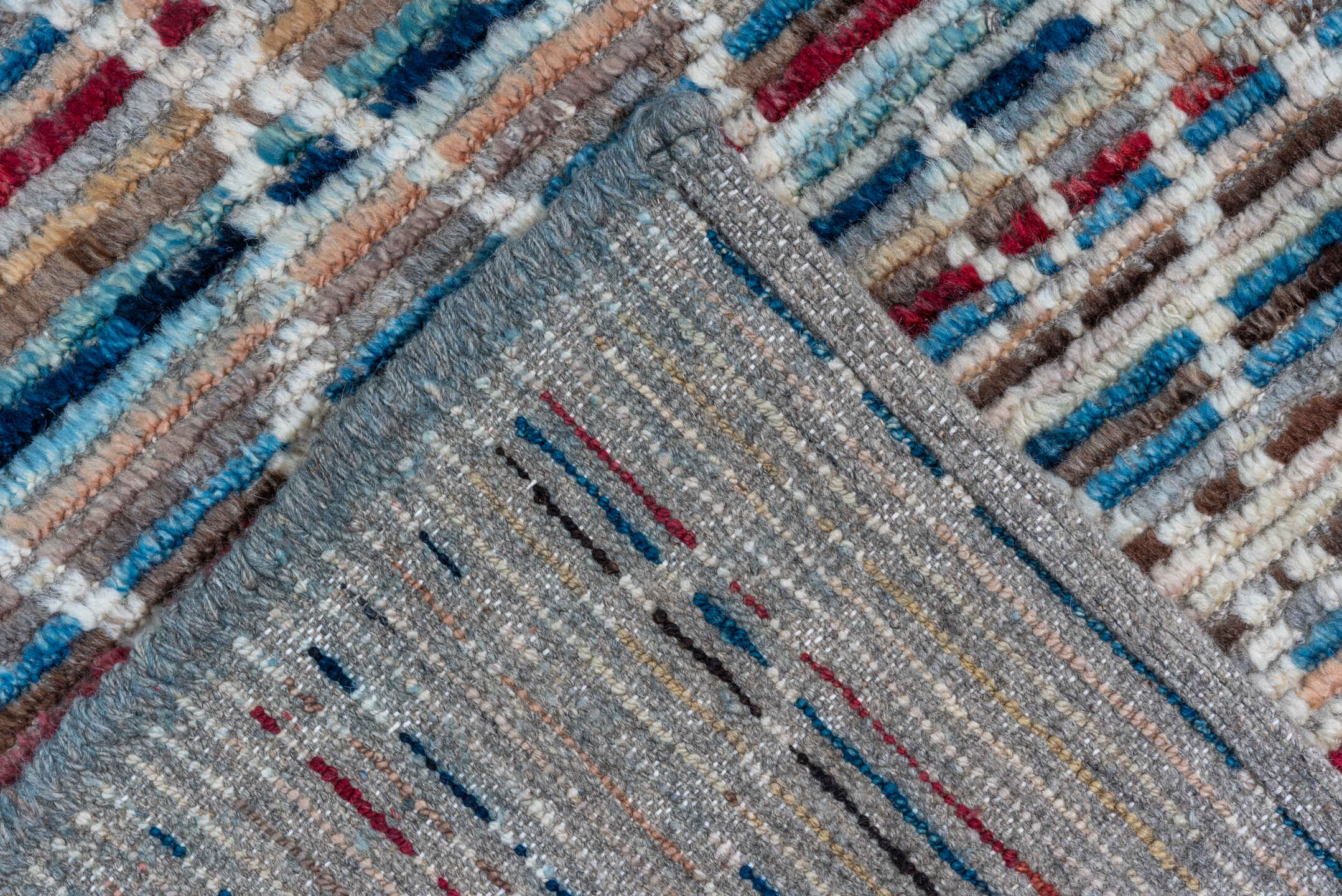 10' x 13' one-of-a-kind handmade vintage Tulu large size rug. Color palette: ivory, taupe, blue, rose, sky_blue, camel