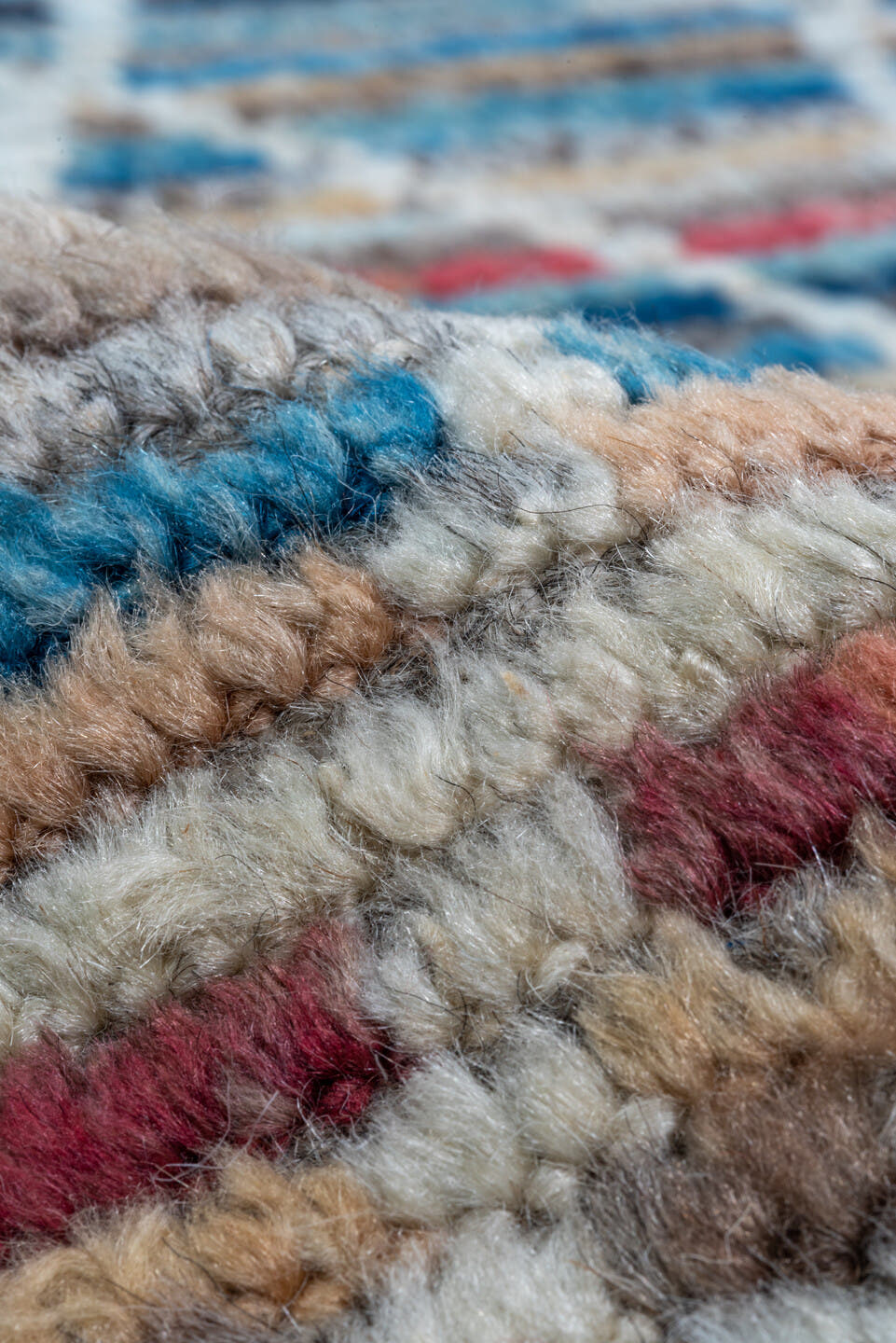 10' x 13' one-of-a-kind handmade vintage Tulu large size rug. Color palette: ivory, taupe, blue, rose, sky_blue, camel