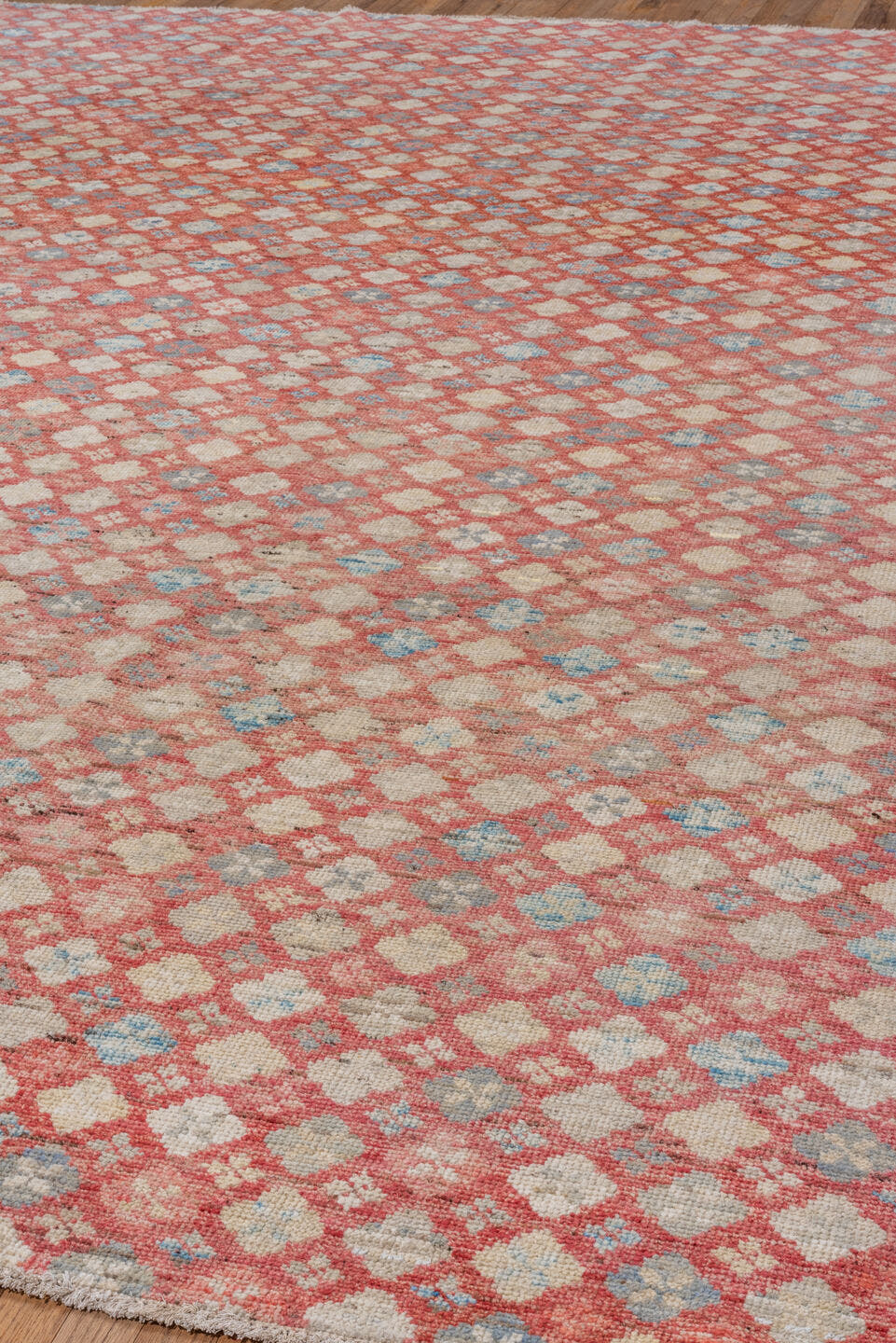 10' x 12' one-of-a-kind handmade vintage Tulu large size rug. Color palette: coral, ivory, powder_blue, rose, taupe, slate