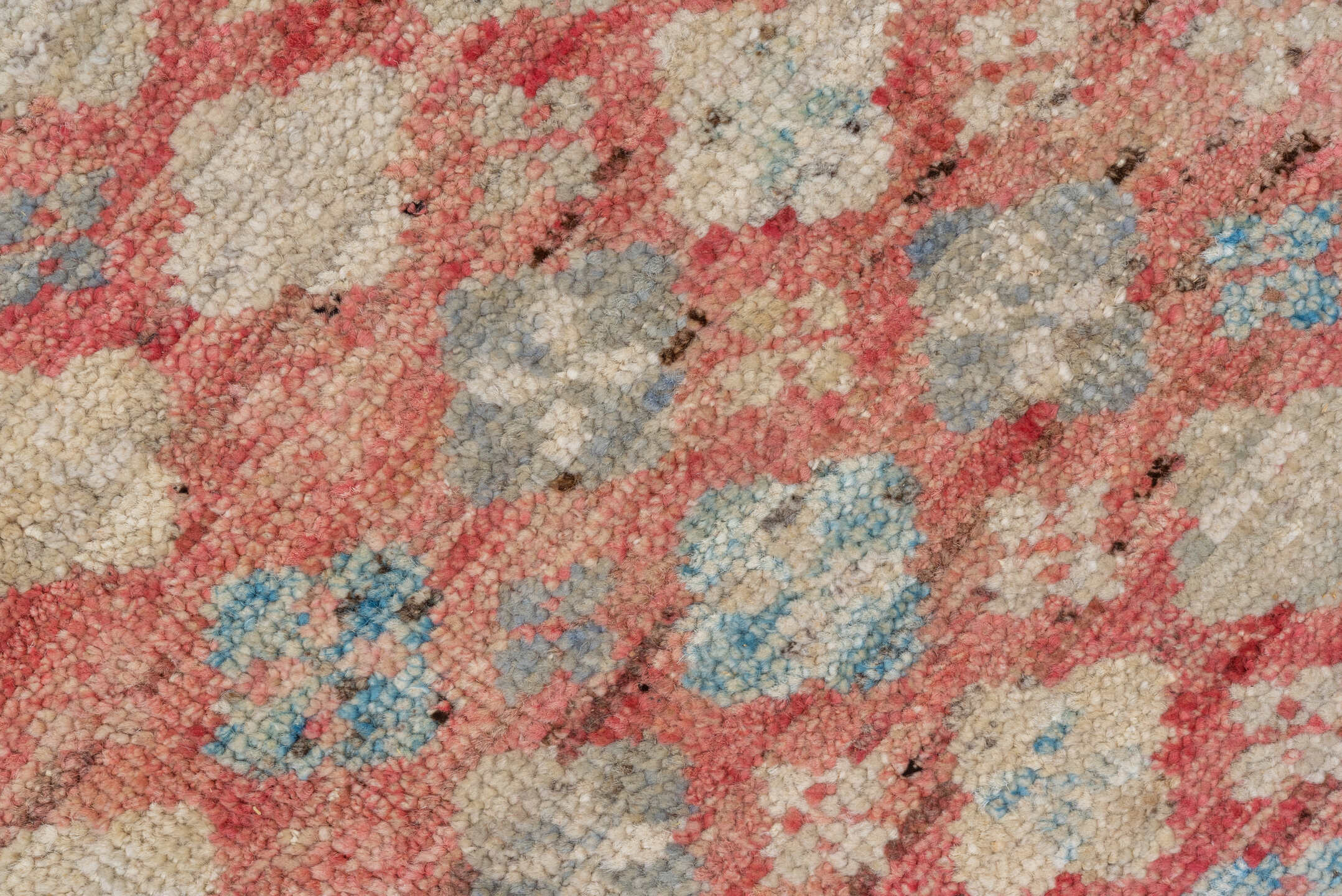 10' x 12' one-of-a-kind handmade vintage Tulu large size rug. Color palette: coral, ivory, powder_blue, rose, taupe, slate