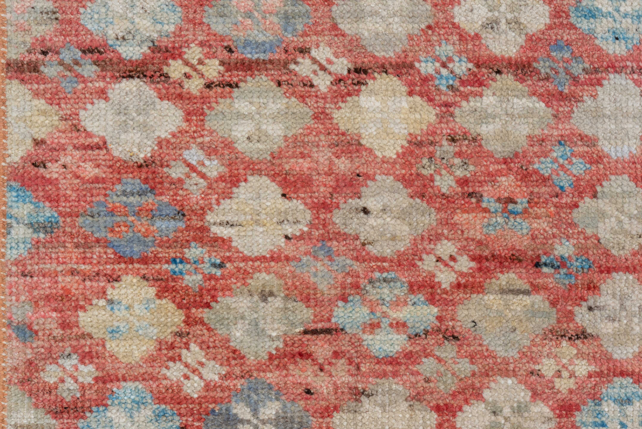 10' x 12' one-of-a-kind handmade vintage Tulu large size rug. Color palette: coral, ivory, powder_blue, rose, taupe, slate