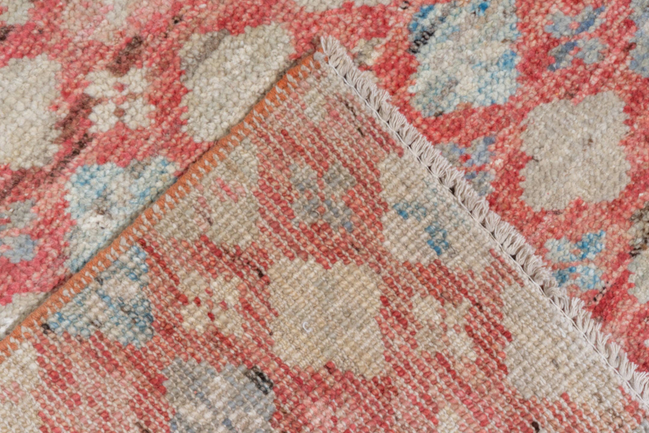 10' x 12' one-of-a-kind handmade vintage Tulu large size rug. Color palette: coral, ivory, powder_blue, rose, taupe, slate
