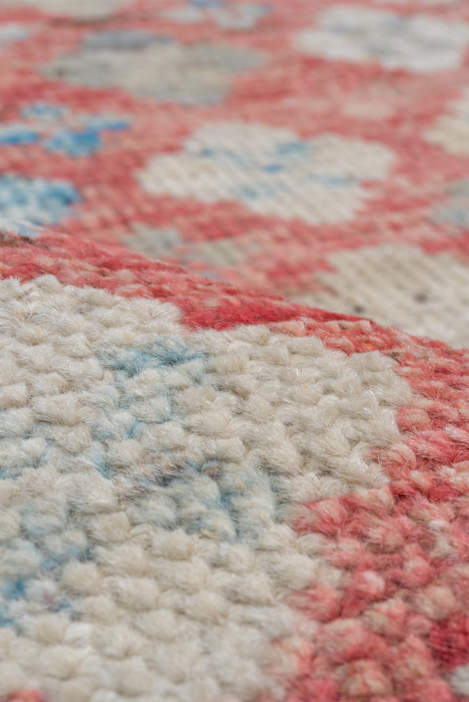 10' x 12' one-of-a-kind handmade vintage Tulu large size rug. Color palette: coral, ivory, powder_blue, rose, taupe, slate