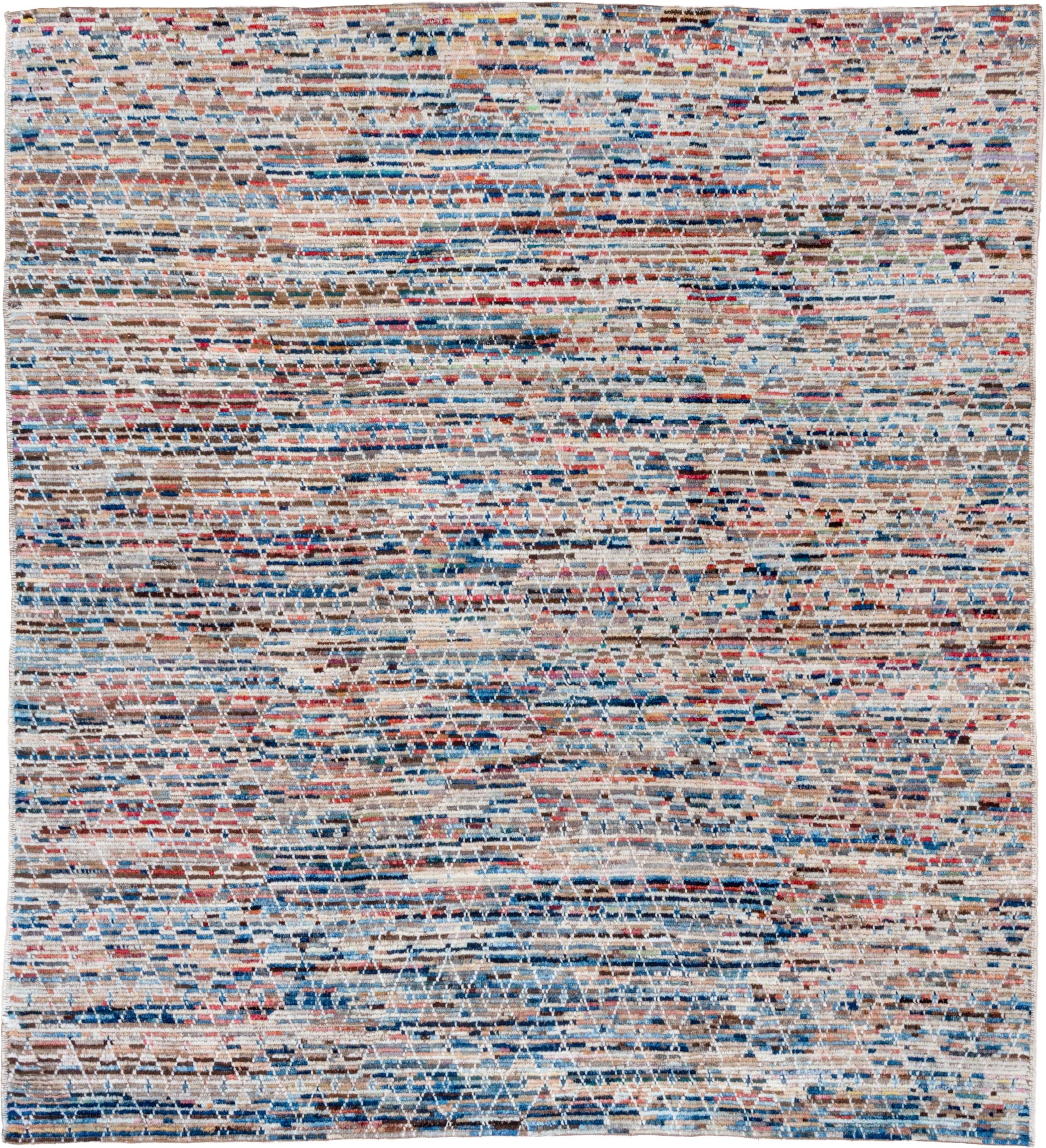 8' x 9' one-of-a-kind handmade vintage Tulu rug. Color palette: ivory, taupe, blue, rust, coral, brown, charcoal, beige