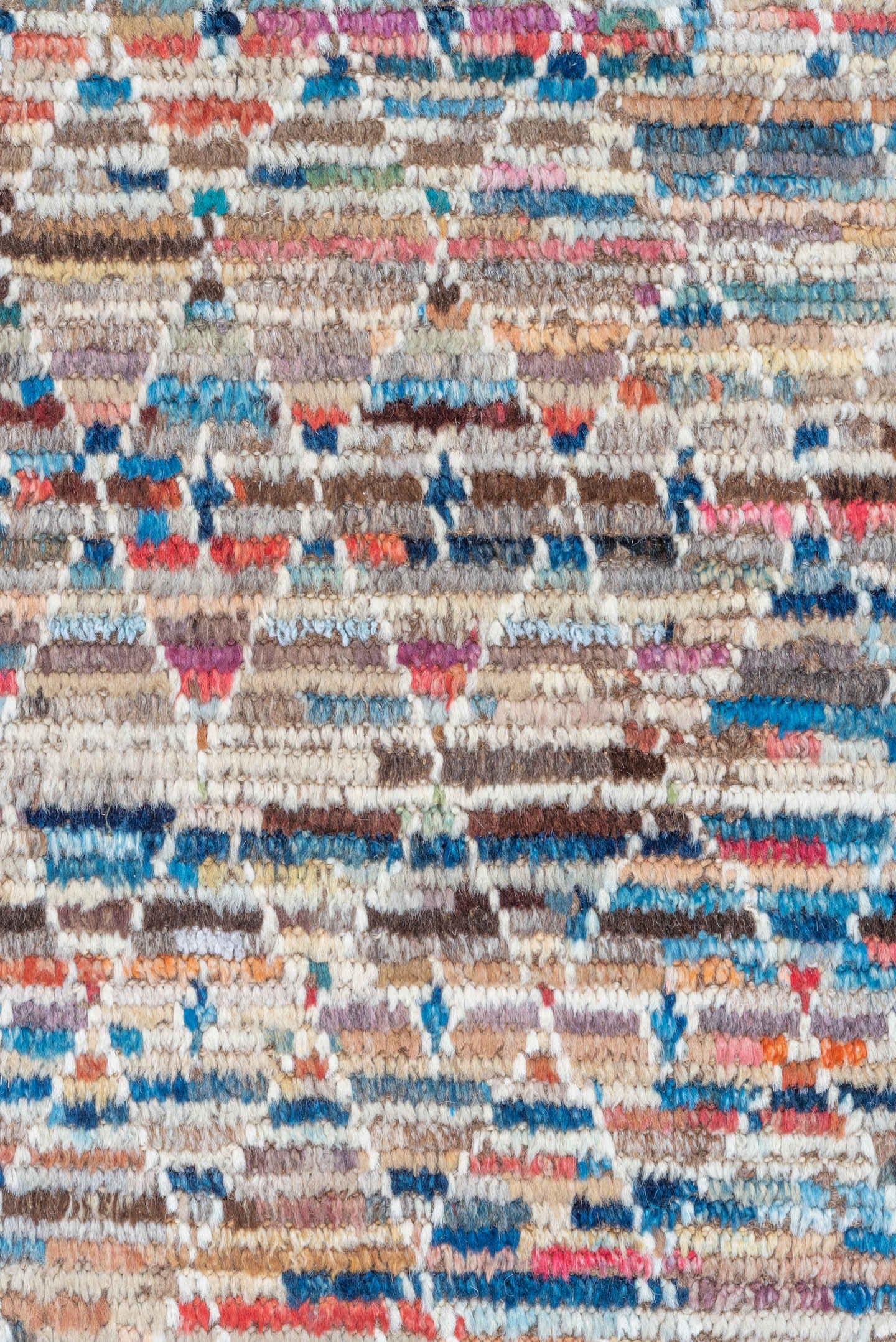 8' x 9' one-of-a-kind handmade vintage Tulu rug. Color palette: ivory, taupe, blue, rust, coral, brown, charcoal, beige
