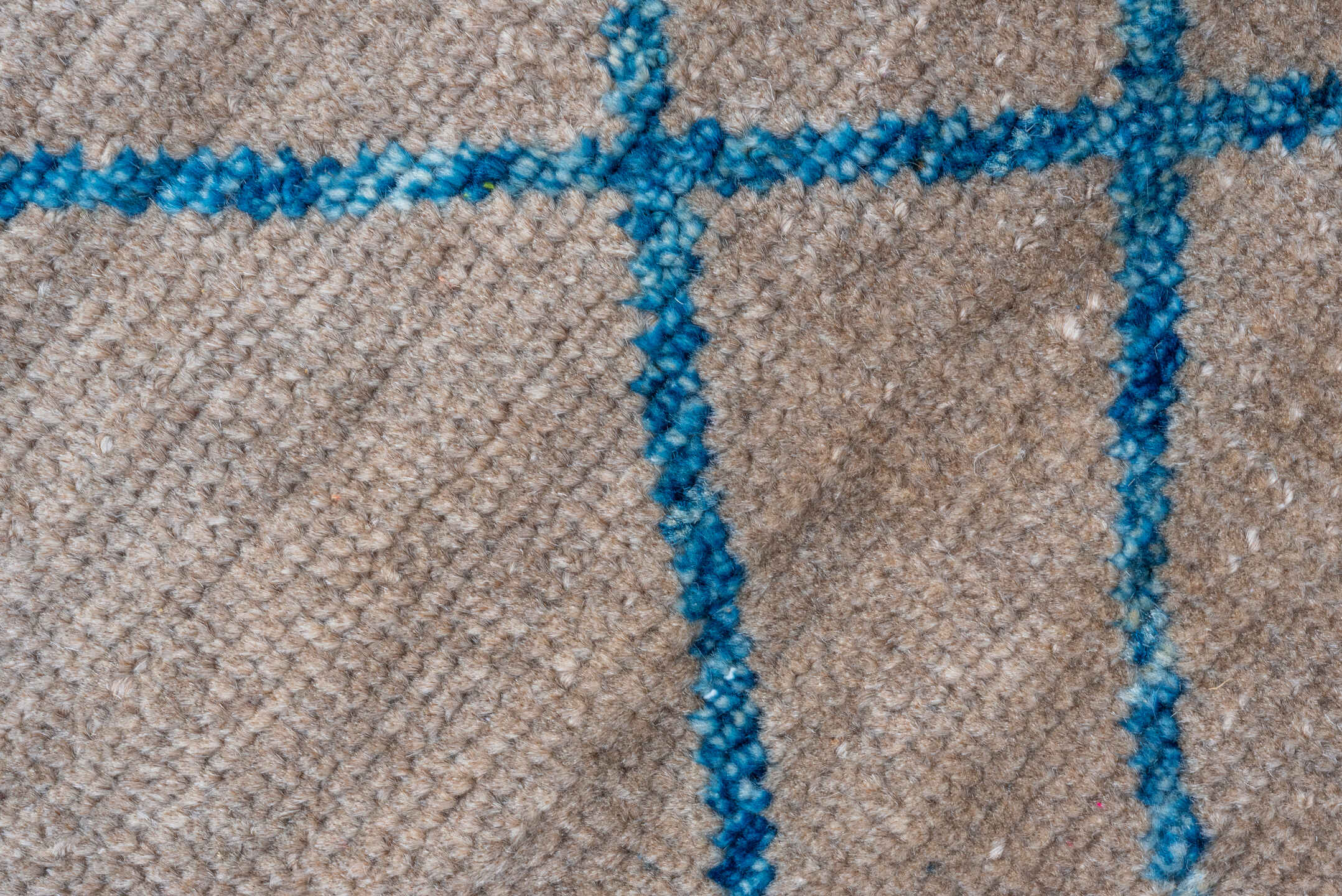 8' x 9' one-of-a-kind handmade vintage Tulu rug. Color palette: taupe, blue, ivory, beige, gray