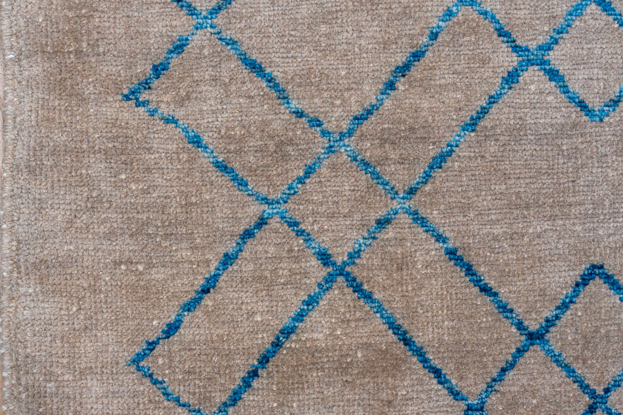 8' x 9' one-of-a-kind handmade vintage Tulu rug. Color palette: taupe, blue, ivory, beige, gray