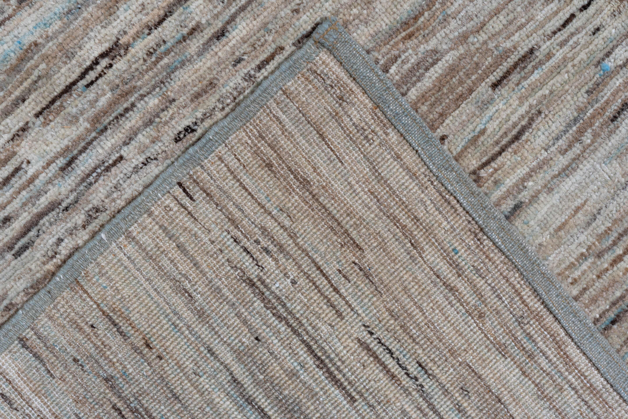 10' x 13' one-of-a-kind handmade vintage Tulu large size rug. Color palette: ivory, taupe, camel, light blue, brown, beige