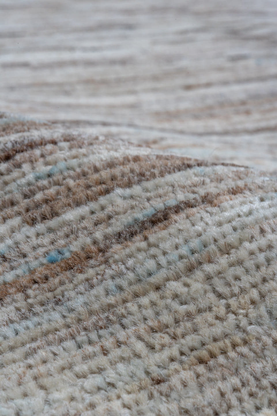 10' x 13' one-of-a-kind handmade vintage Tulu large size rug. Color palette: ivory, taupe, camel, light blue, brown, beige